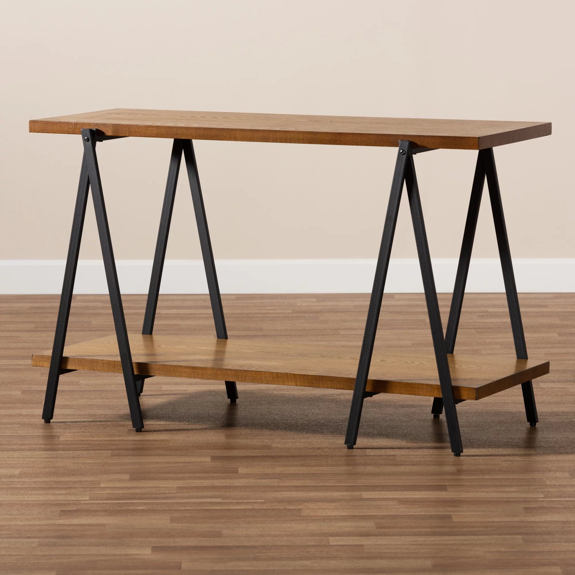Baxton Studio Britton Industrial Wood and Metal 2 Tier Console Table, Walnut/Black