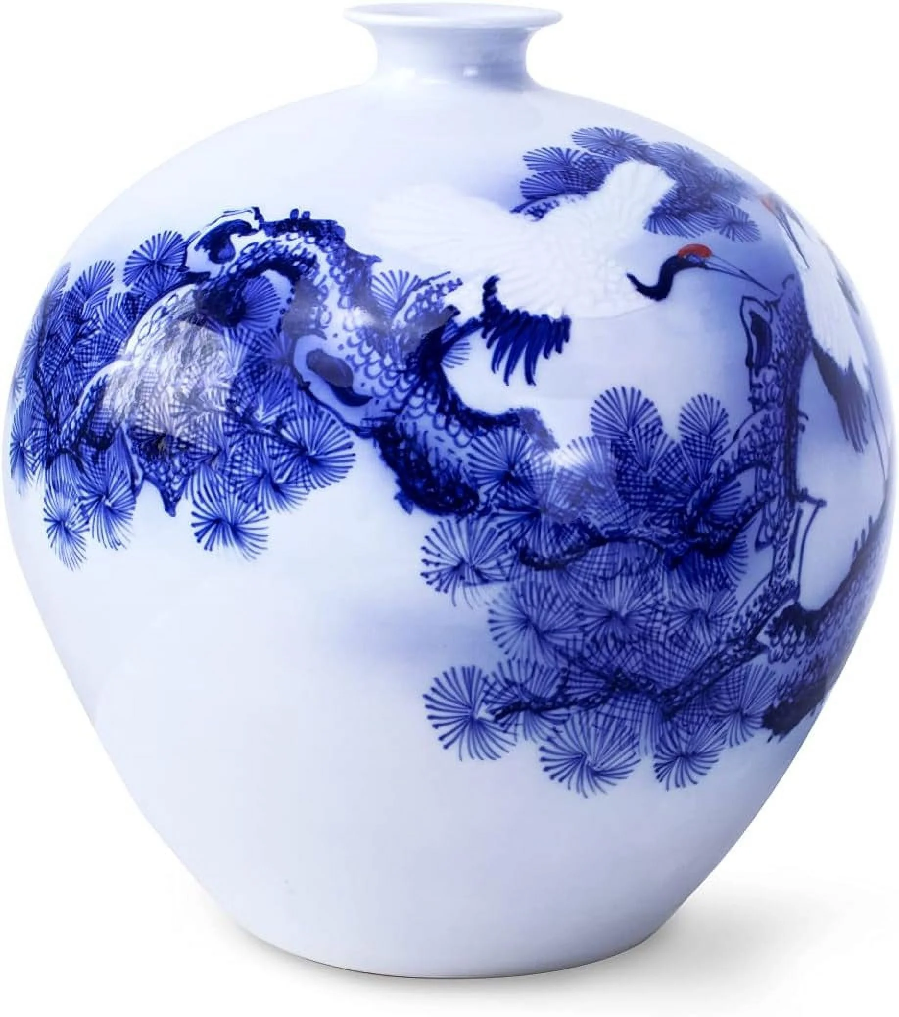 Blue And White Vase, Hand Painted Chinese Porcelain Flower Vase, Certified Masterpiece Longevity Cranes, Pomegranate Shape 11 Inches