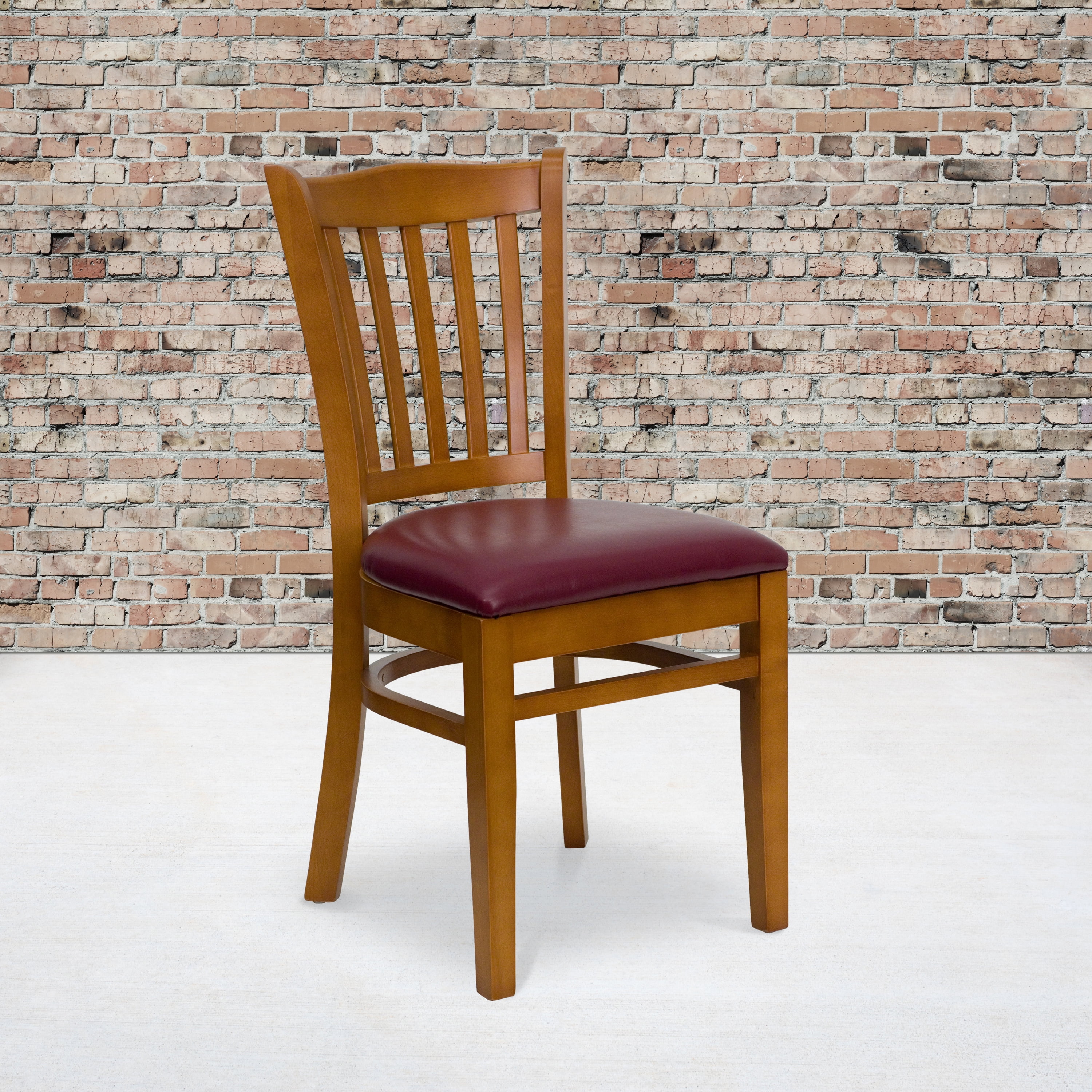 BizChair Vertical Slat Back Cherry Wood Restaurant Chair - Burgundy Vinyl Seat