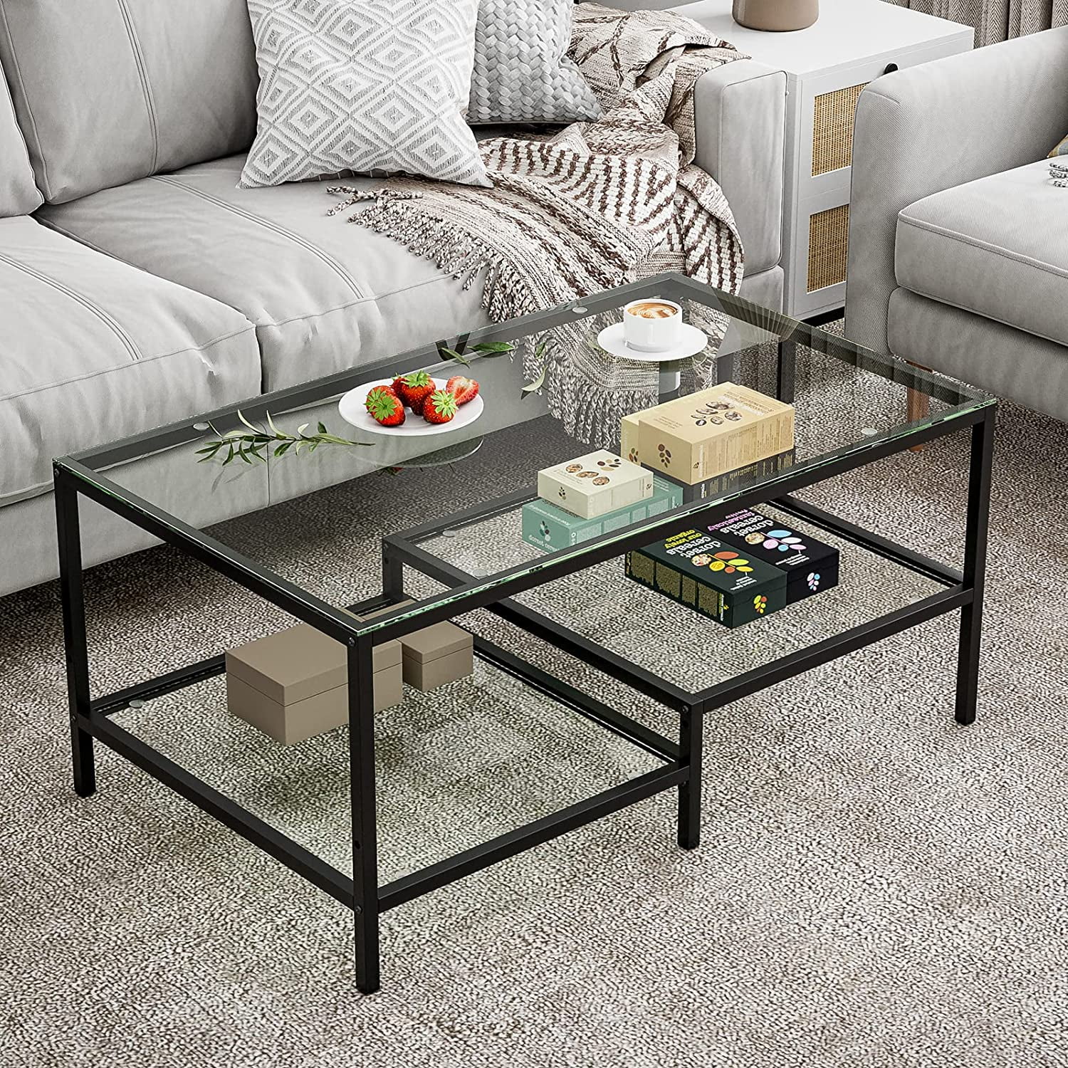 IKIFLY Rectangular Glass Coffee Table, Metal Frame Center Table with 2-Tier Adjustable Storage Shelves, Cocktail Table for Living Room