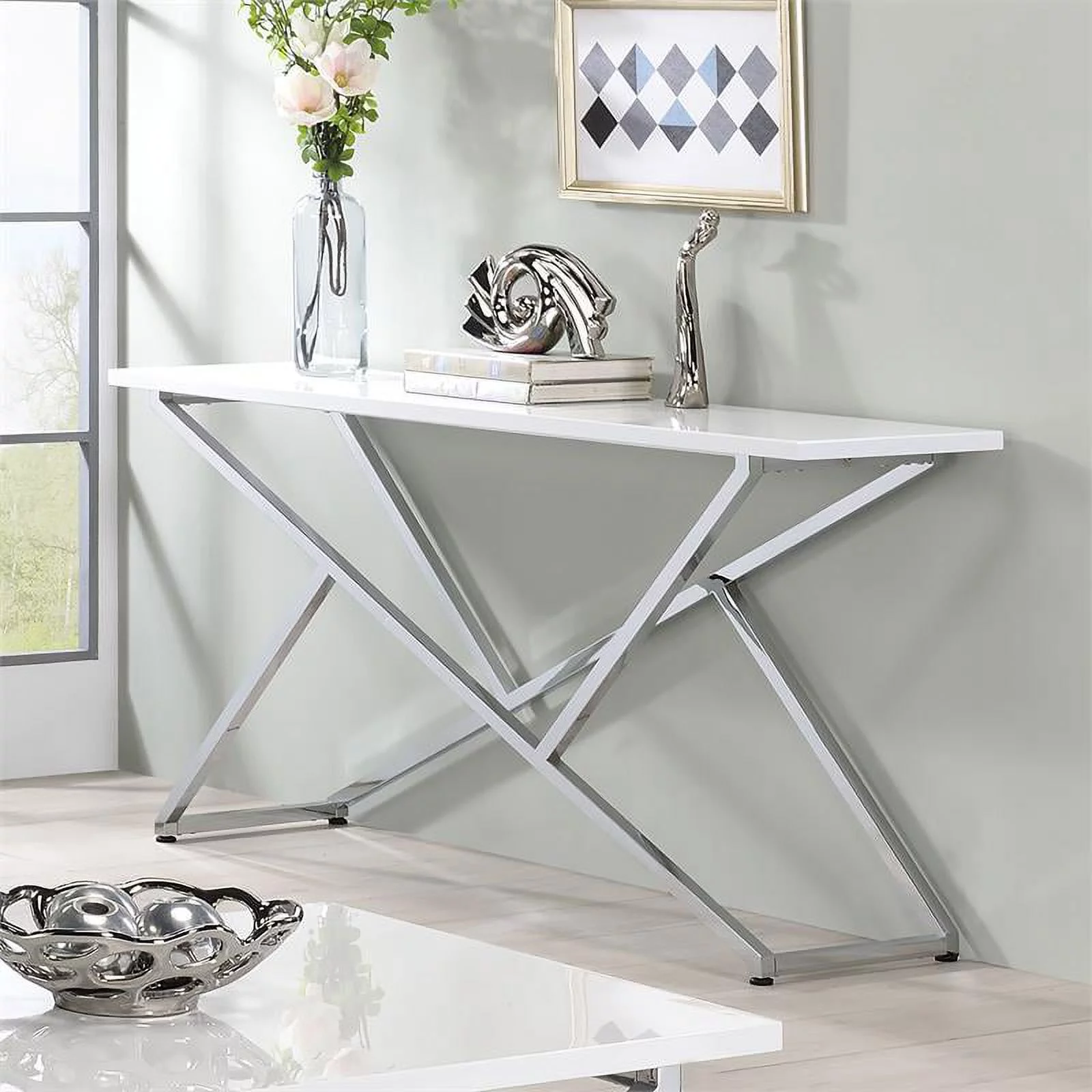 Furniture of America Mergo Wood Rectangular Console Table in Chrome and White