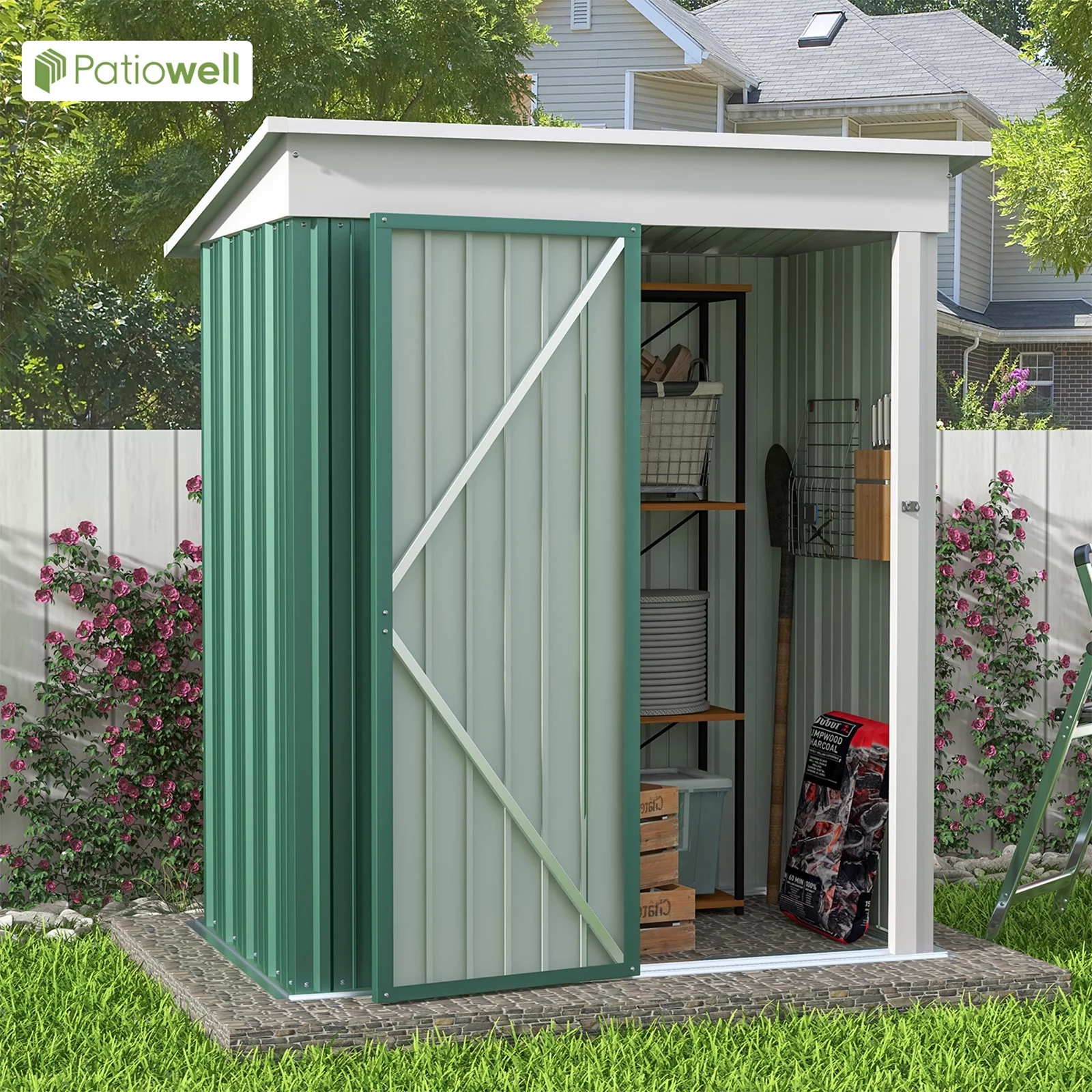 Patiowell 5 x 3 ft. Outdoor Metal Storage Shed, Lean-to Galvanized Steel Garden Tool Shed with Lockable Door for Backgard Patio Lawn, Green