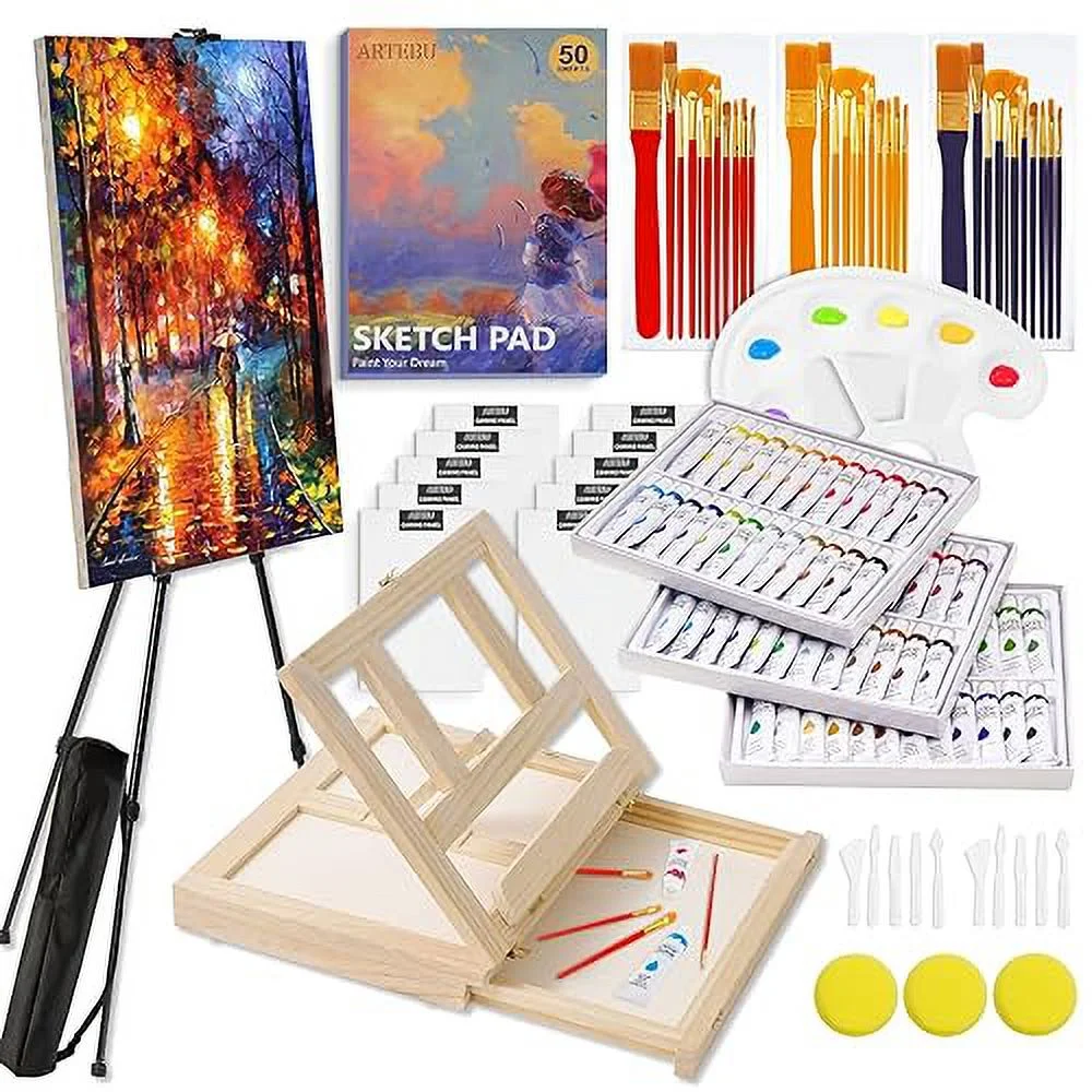 Premium Artistic Masterpiece Set - Complete with Sturdy Aluminum and Sustainable Beech Wood Easel, 48 Vibrant Acrylic Colors, 24 Exquisite Watercolor Shades, 10 High-Quality Canvases, 30 Versatile Bru