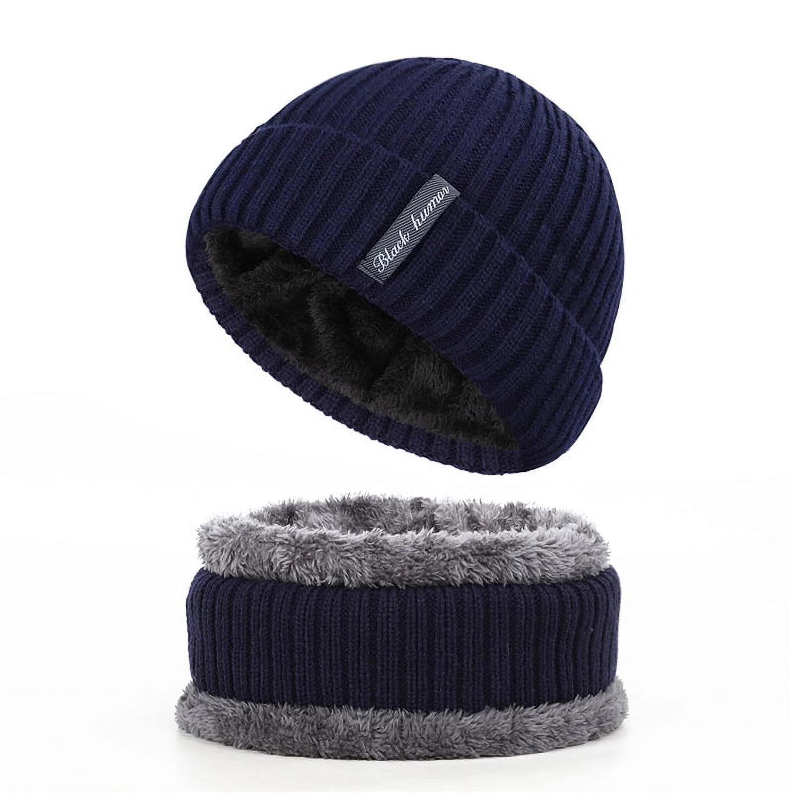 Viworld Winter Beanie Hats Scarf Set Warm Knit Hats Skull Cap Neck Warmer with Thick Fleece Lined Winter Hat & Scarf for Men Women , Navy