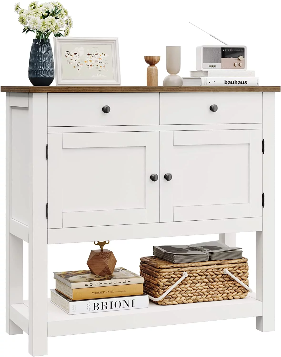 Farmhouse Console Table with 2-Door Cabinet & 2 Drawers, Coffee Bar, Entryway Table with Storage Shelf, Sofa Tables Buffet Sideboard for Kitchen, Hallway, Dining, Living Room, White