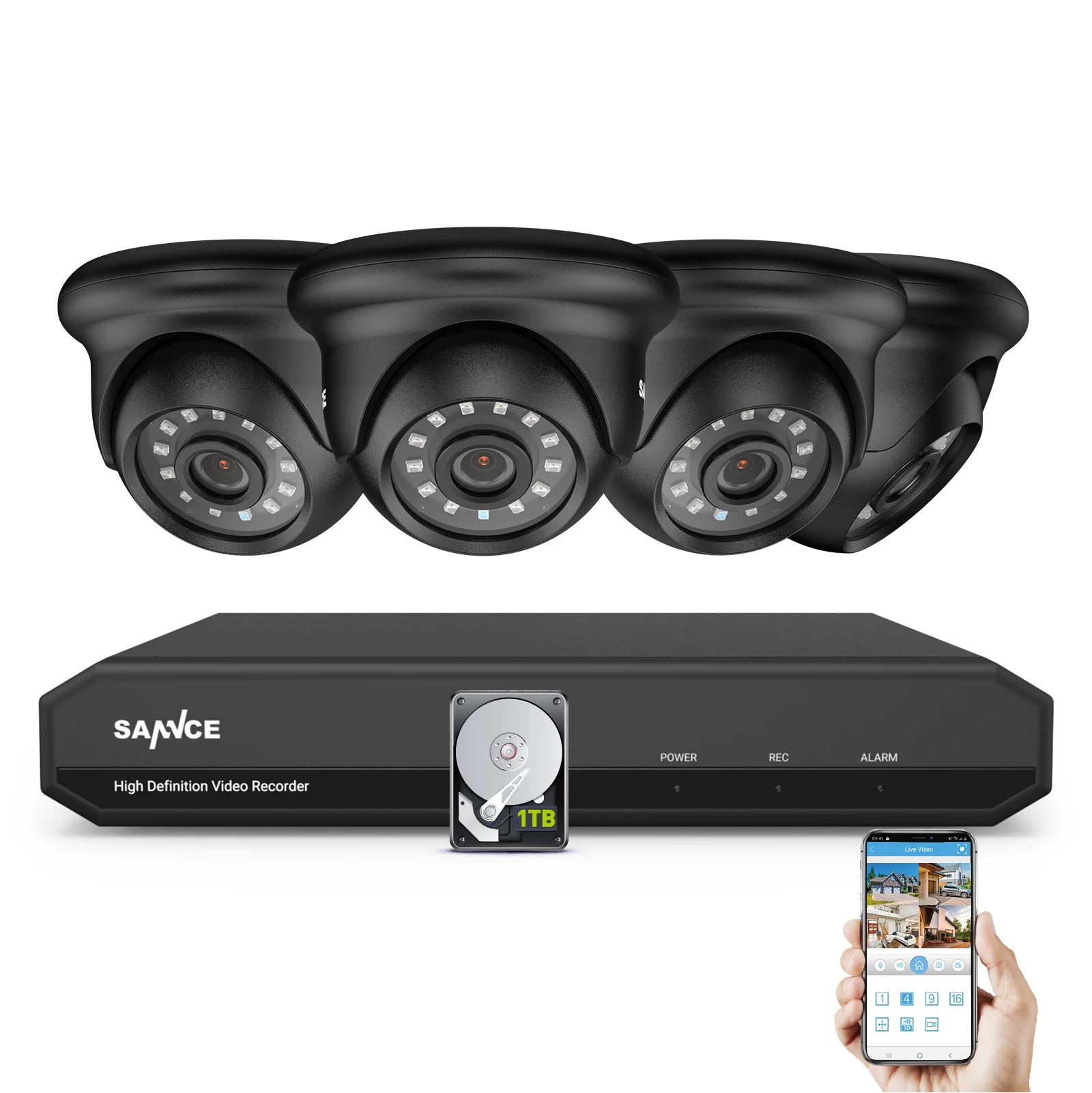 SANNCE 8-Channel 1080p CCTV Camera System 5-in-1 CCTV DVR Recorder with 4pcs Waterproof Wired Surveillance Camera,1TB Hard Drive