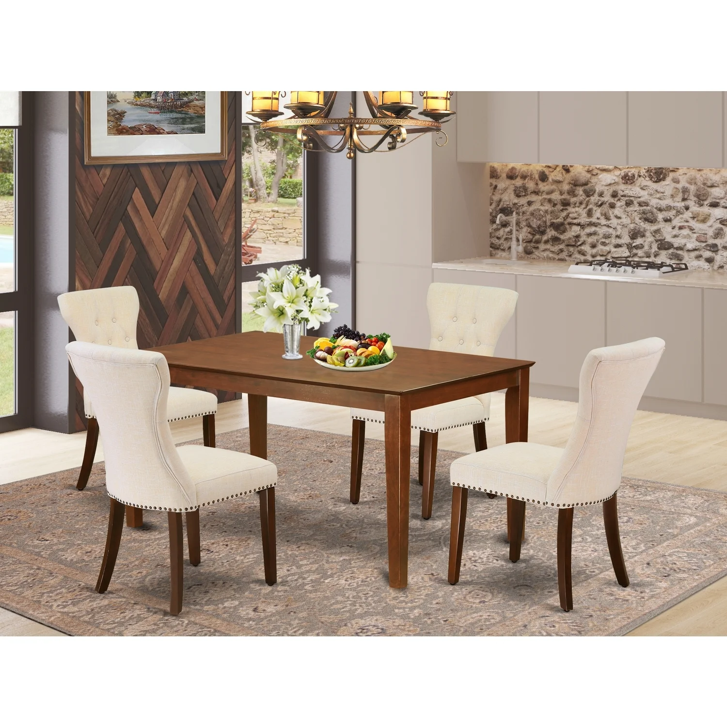 HomeStock Rococo Radiance 5-Piece Kitchen Table Set Included A Wood Dining Table & 4 Fabric Kitchen Chairs, Light Beige Linen Fabric Parson Chairs Seat With Rubber Wood Legs, Mahogany