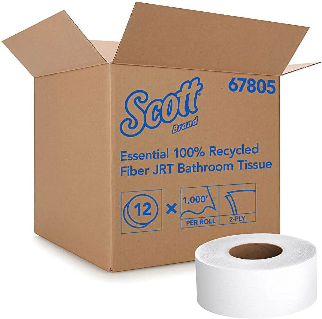 Scott Essential 100% Recycled Fiber JRT White 2-Ply Jumbo Size Cored Roll Continuous Sheet, 1, 000 Foot,67805 | 12 Rolls per Case