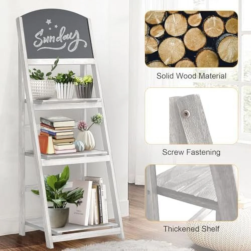 YPDXGH Ladder   4 Tier Ladder Shelves Rustic Solid Wood Ladder  Industrial Leaning Bookshelves 45" Folding Freestanding Plant Stand  Room  Office  Kitchen  Black