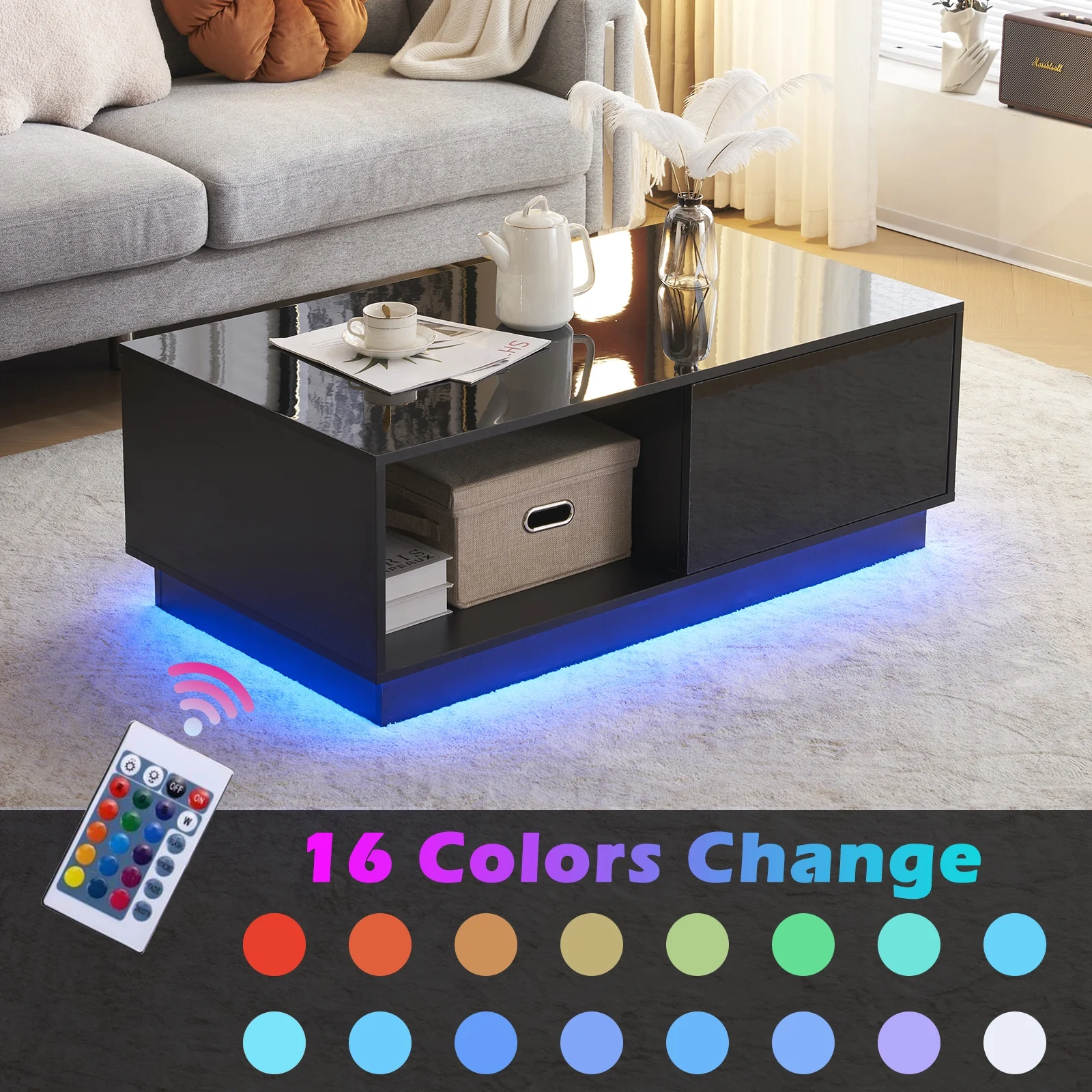 Ktaxon LED Coffee Table with Storage Shelf and 2 Drawers, High gloss Cocktail Table Accent Furniture for Living Room 43.3