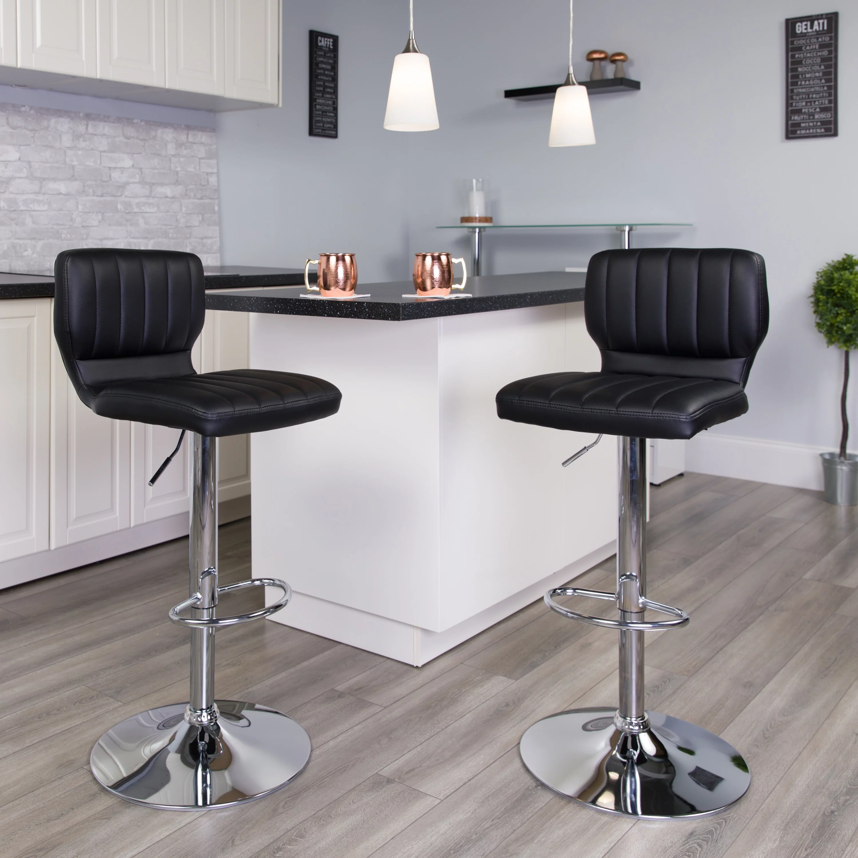 Flash Furniture Vinyl Adjustable Barstool with Vertical Stitch Back (Set of 2) Black Vinyl