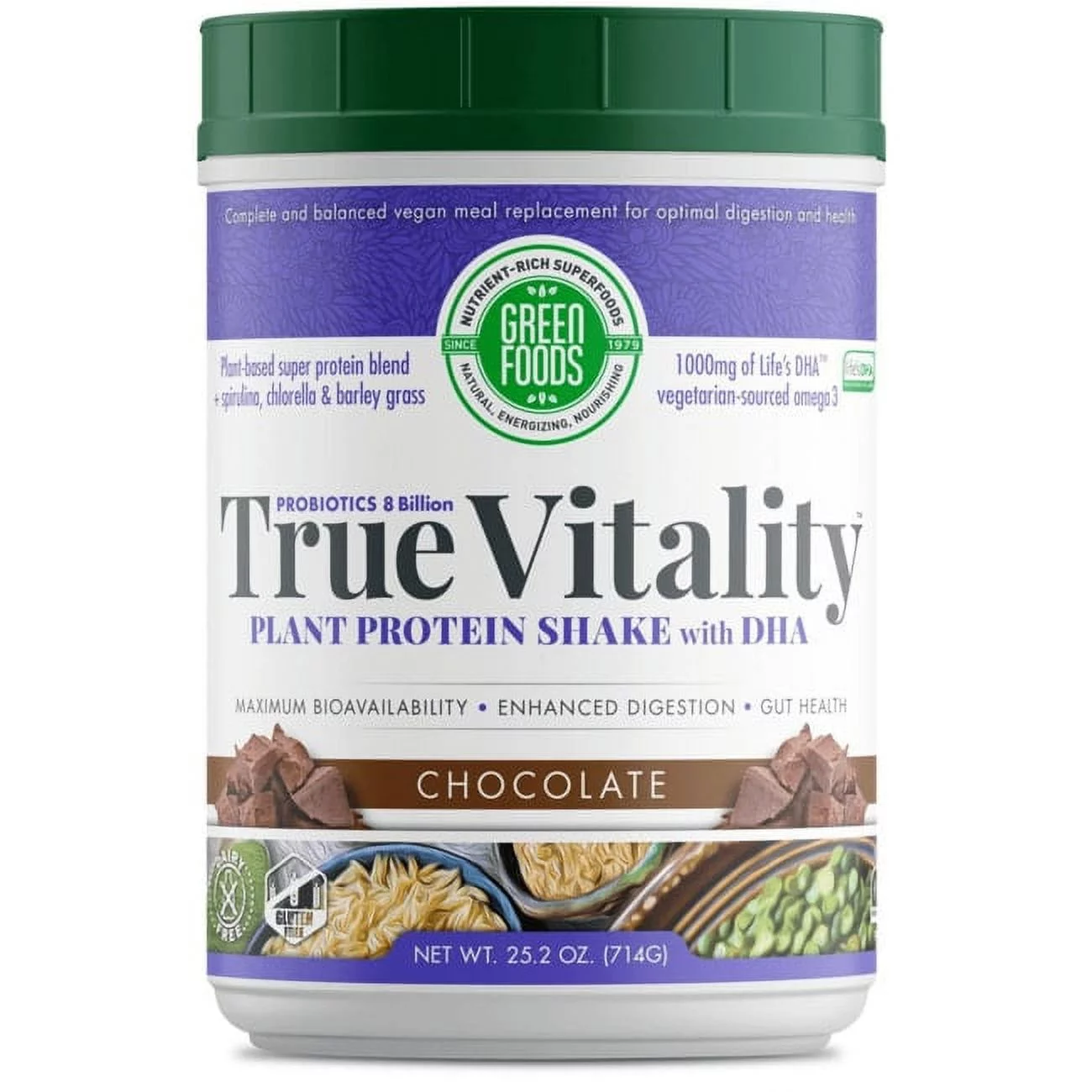 Green Foods True Vitality Plant Protein Shake with Dha - Chocolate 25.2 oz Pwdr