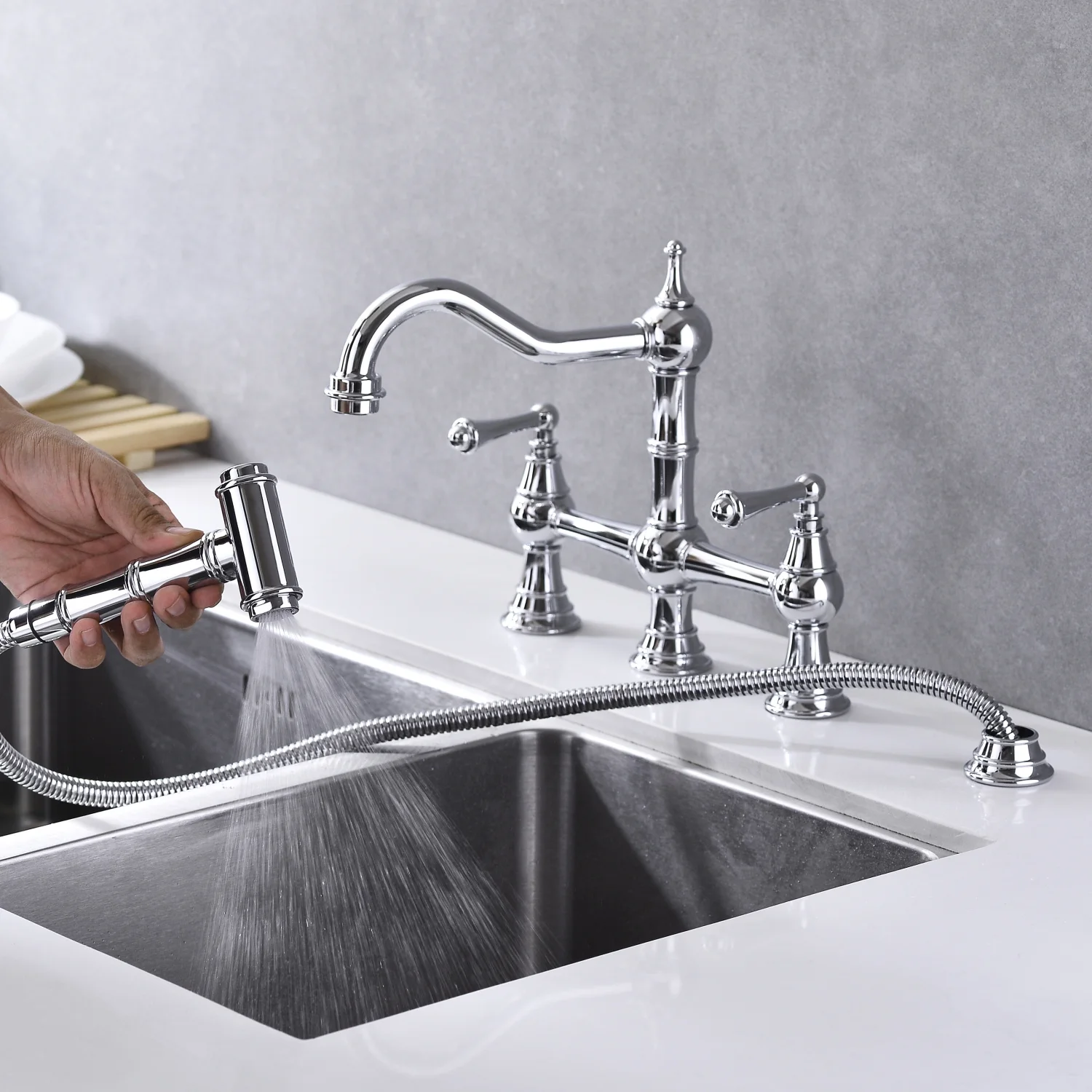 DremFaryoyo Bridge Dual Handles Kitchen Faucet With Pull-Out Side Spray in