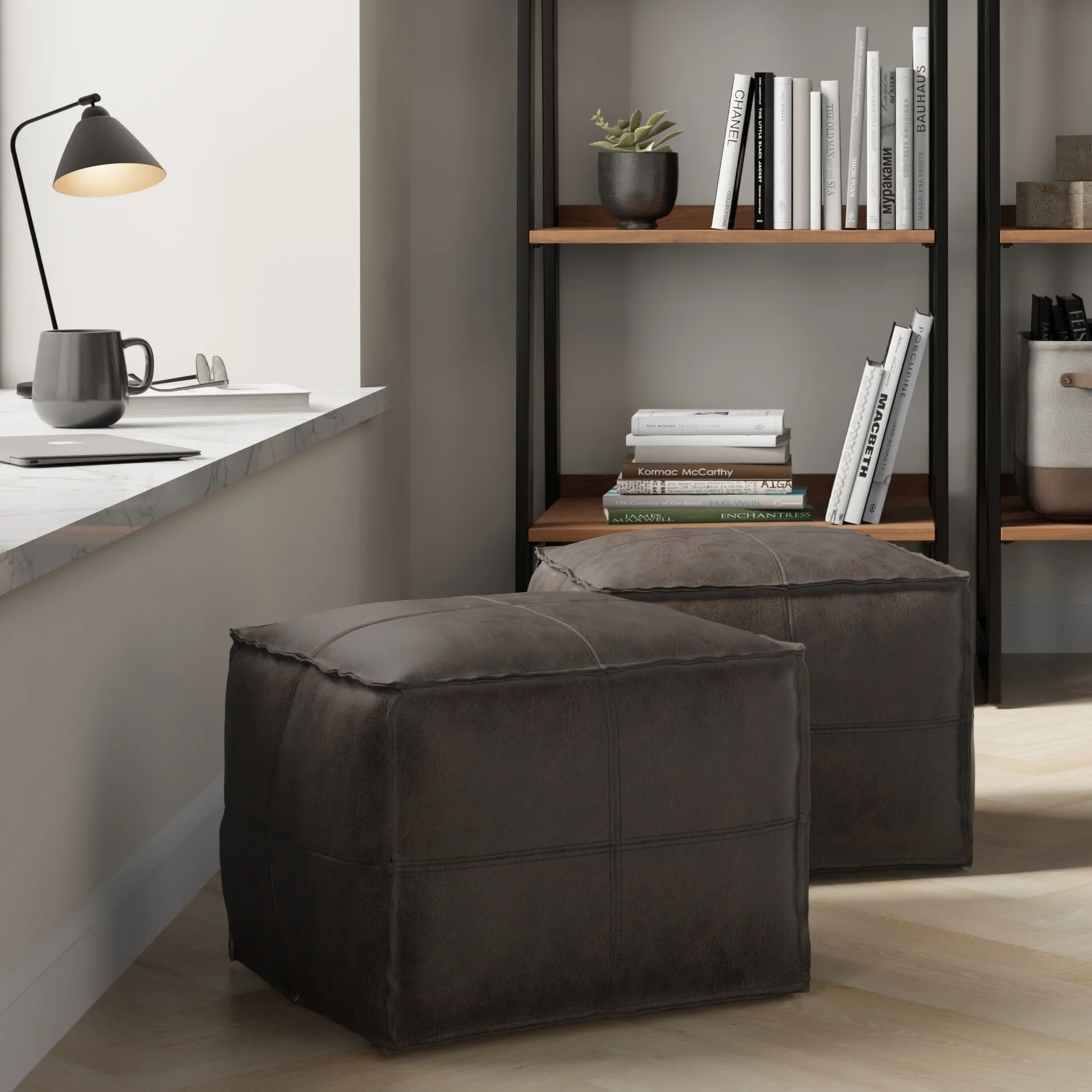 Simpli Home Sheffield Boho Square Pouf in Distressed Dark Brown Leather