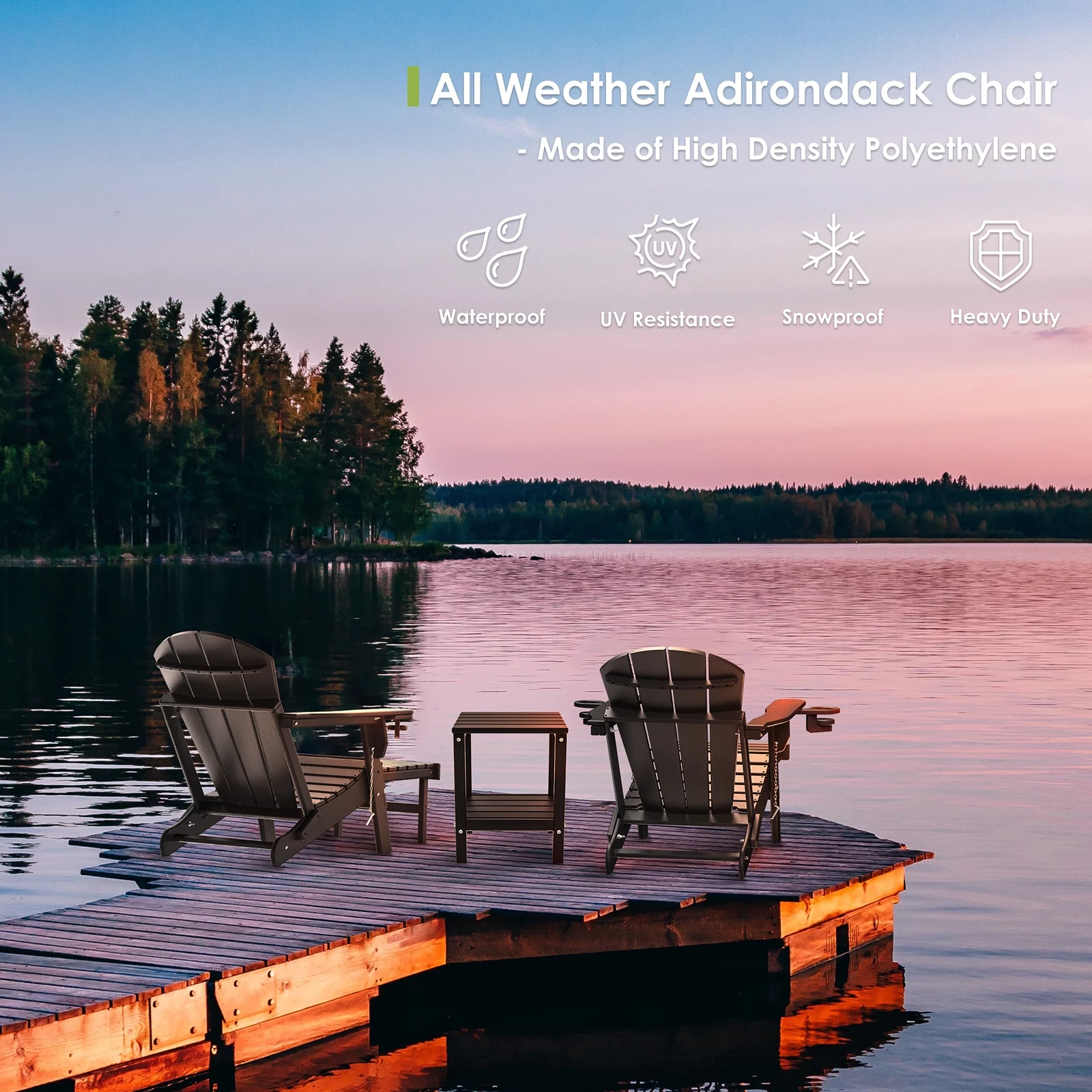 Folding Adirondack Chair with Ottoman, HDPE All-Weather Poolside Chairs w/Cup Holders & Footrest, Black