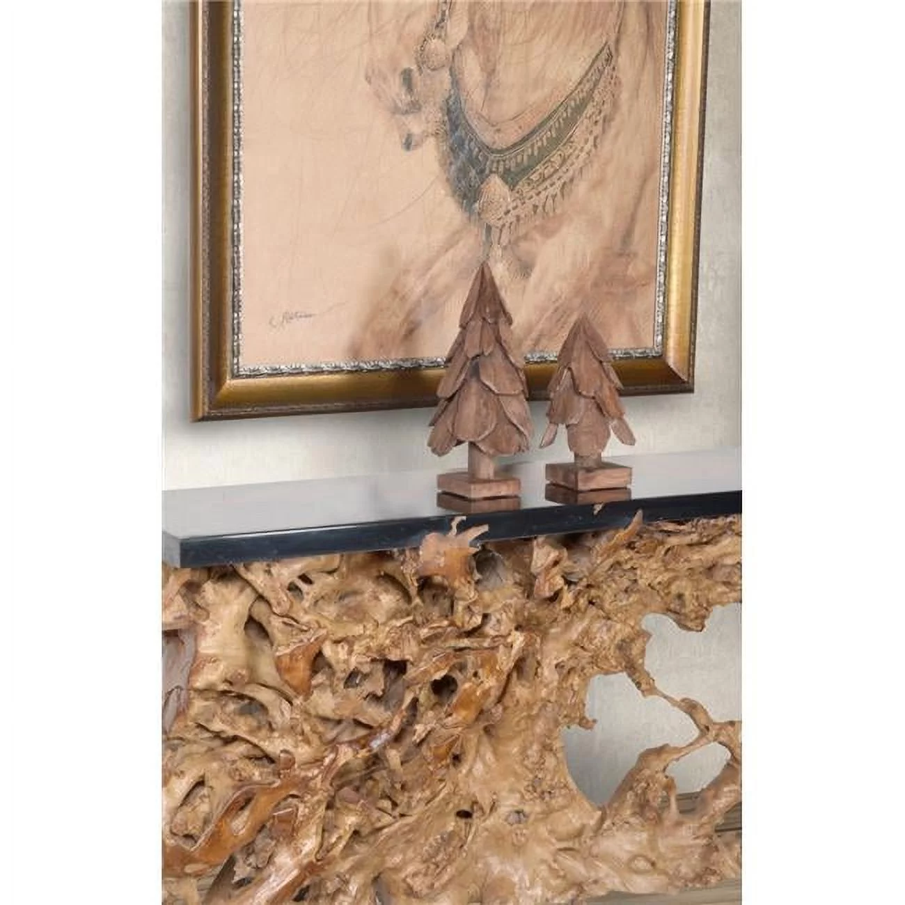 Teak Wood Pine Tree Accent in A Stand, Natural - Set of 2