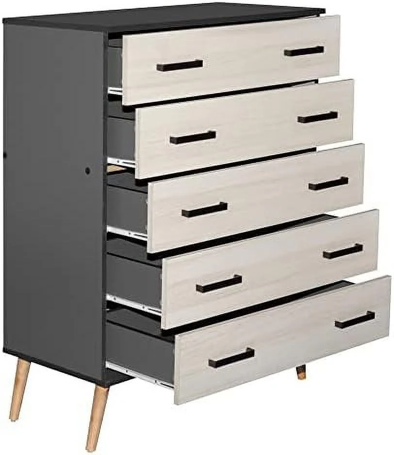 MQLIFEBOOM Eli Mid-Century Modern 5 Drawer Chest Dark Gray & Honey Oak
