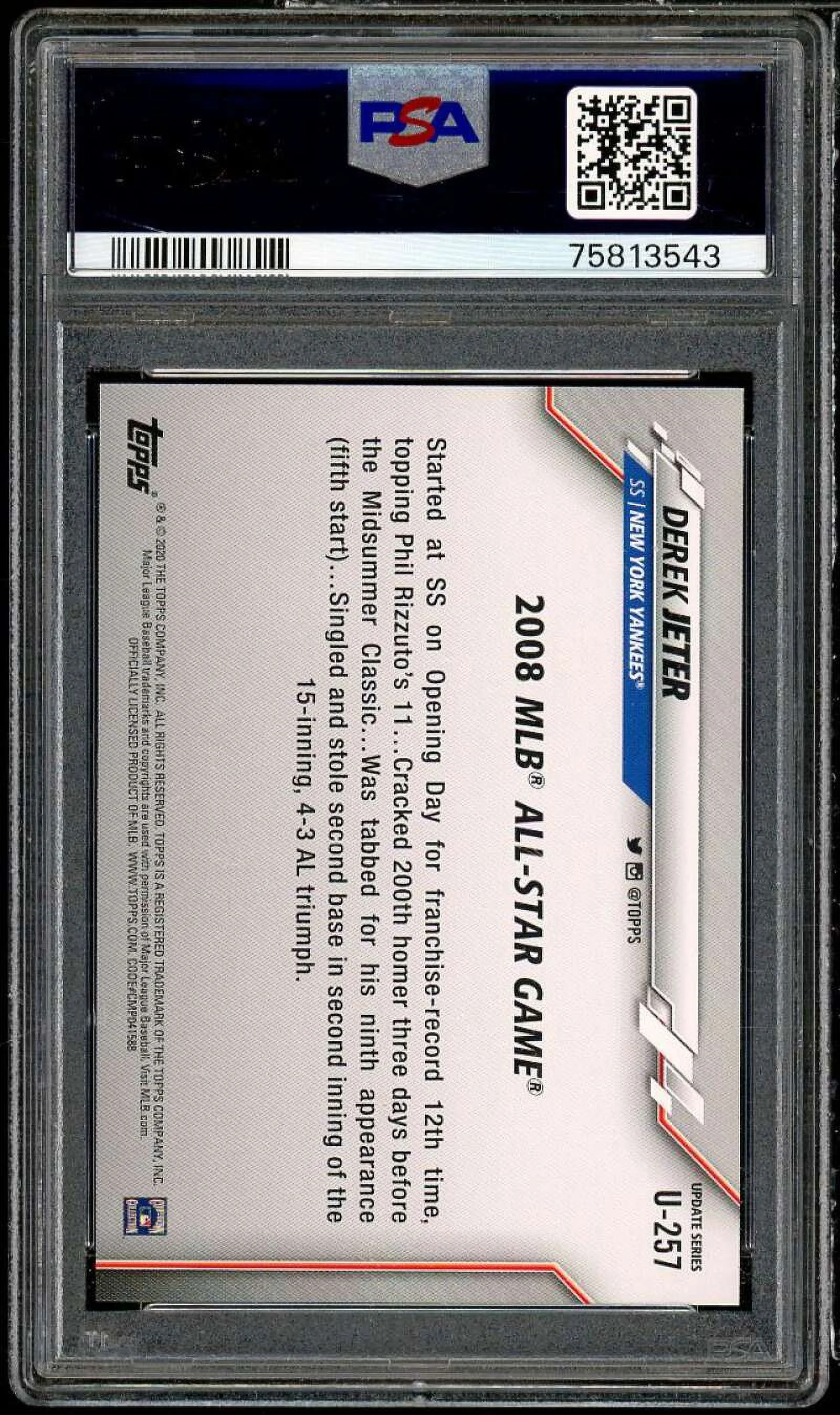 Derek Jeter Card 2020 Topps Update #U-257 PSA 10