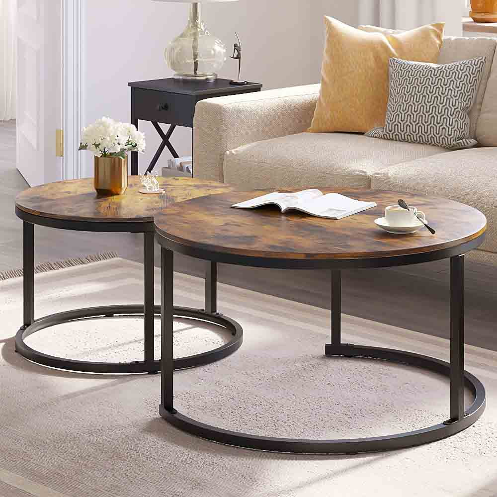 Dextrus Wood Round Nesting Coffee Table Set of 2, Snack End Table with Metal Frame for Living Room, Rustic Brown