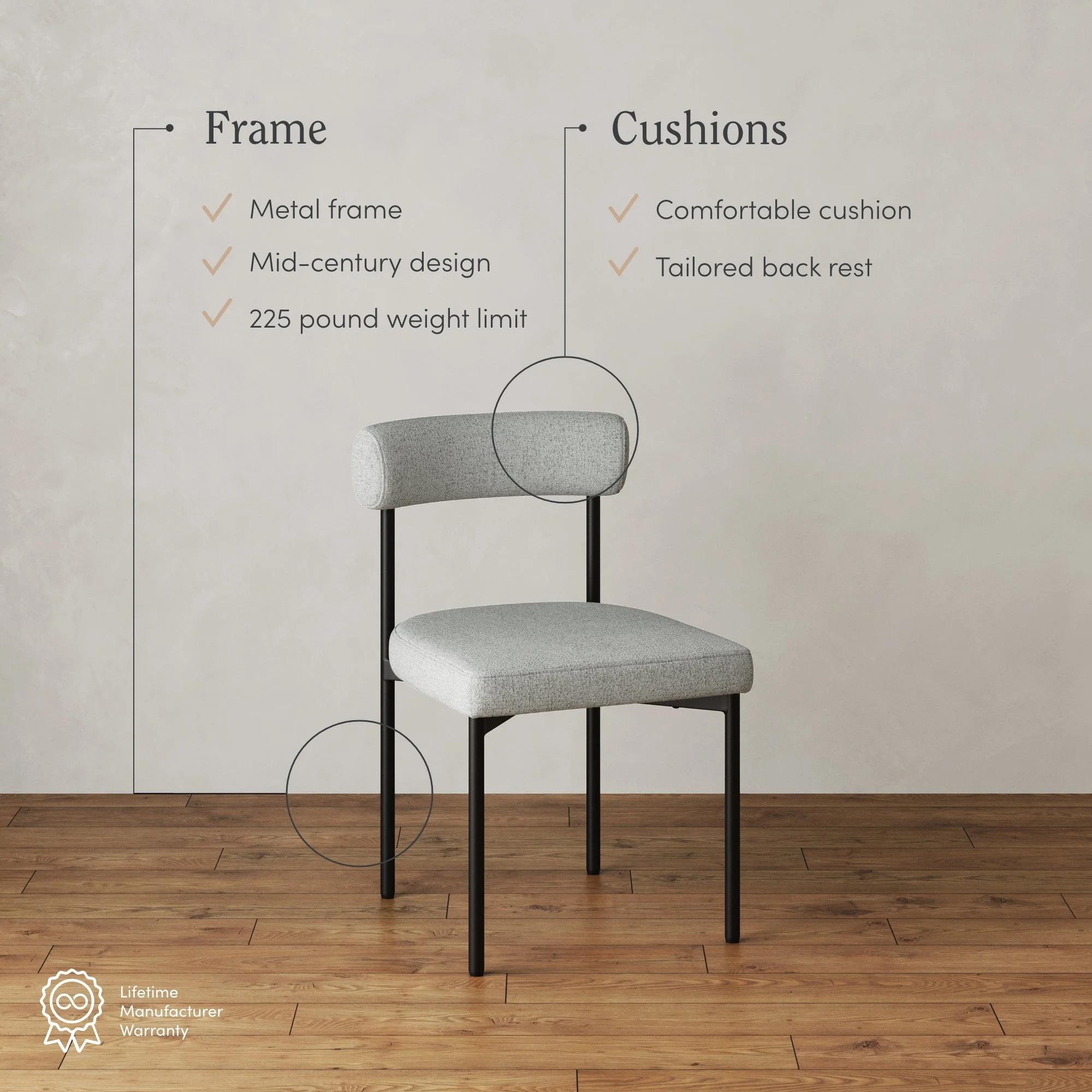 Nathan James Dahlia Modern Kitchen and Dining Chair with Metal Legs and Padded Cushion Upholstery, Light Gray/Black