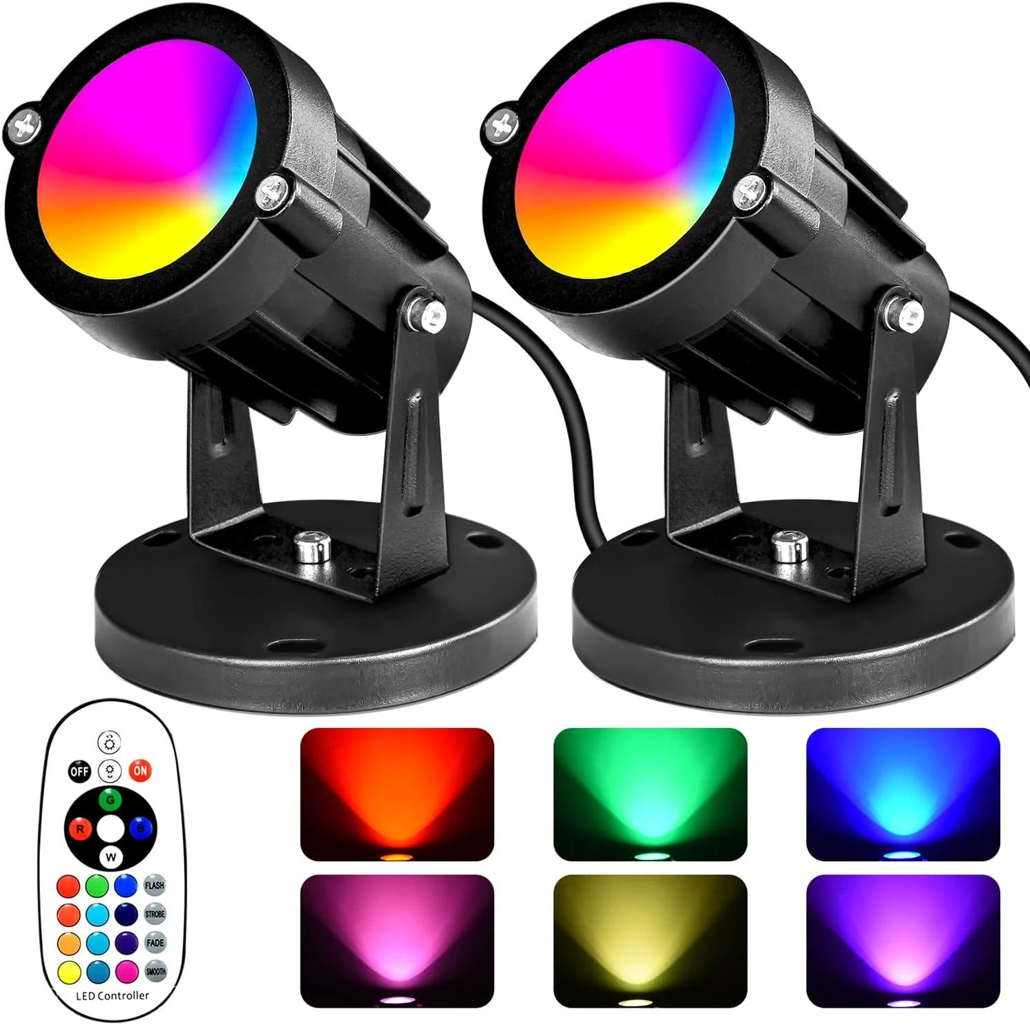 Spot Lights Indoor, RGBW Uplighting Indoor with Remote Control 16 Color Changing Up Lights Indoor, 120V Plant Spotlight Indoor Accent Lighting Floor Light(2 Pack, Base and Stake)