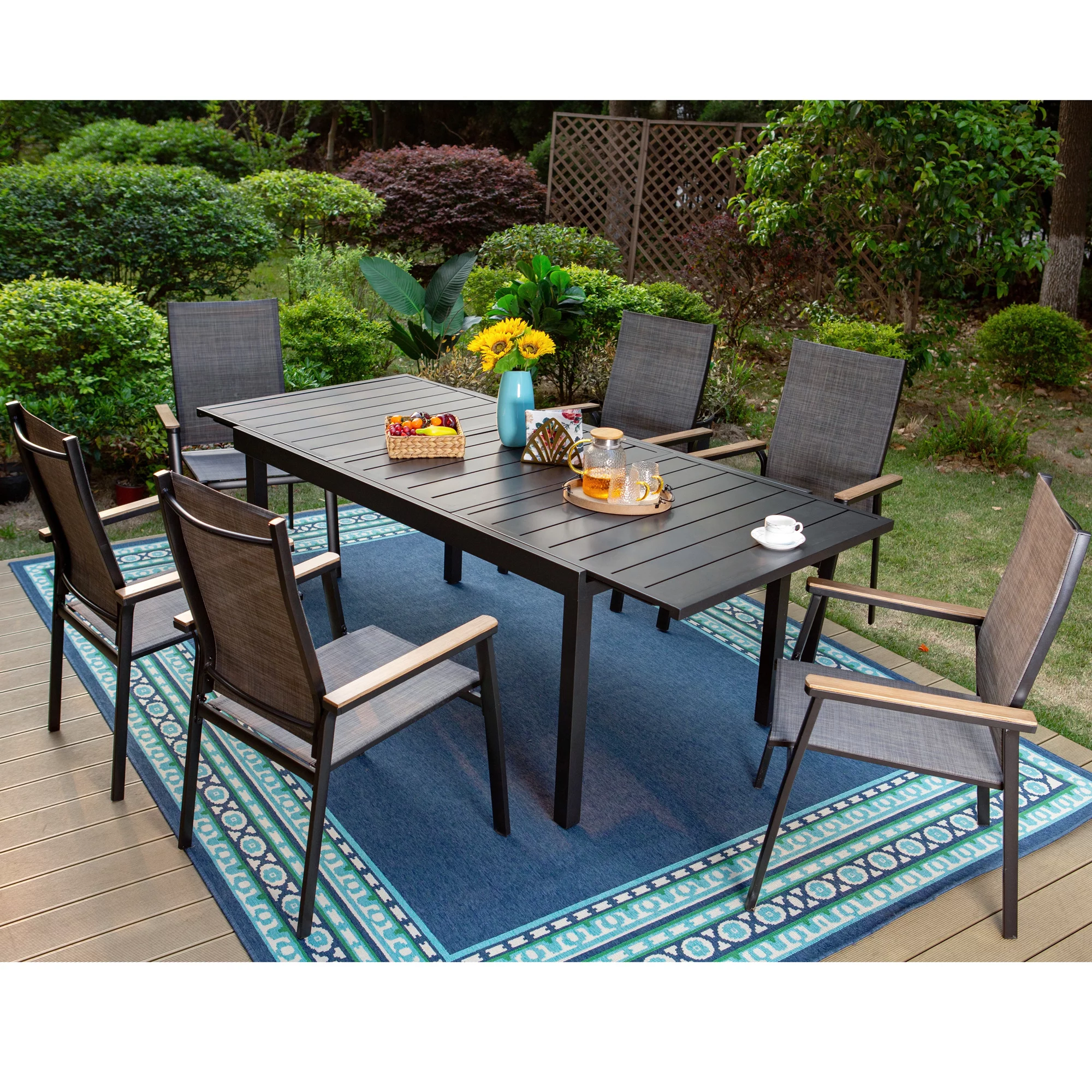 MF Studio 7-Piece Patio Dining Set Outdoor Modern Aluminum Furniture 6 PCS Textilene Armchairs with Wood-like Arms&1 PC Large Extendable Table, Gray&Black