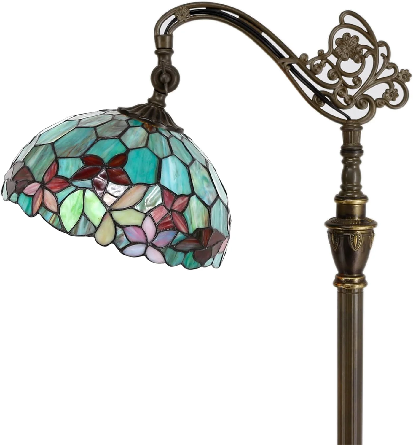 Tiffany Floor Lamp Stained Glass Lamp 18.88X12X67 Inch Angle Adjustable Arched Gooseneck Antique Reading Light (Red Green Flowers)