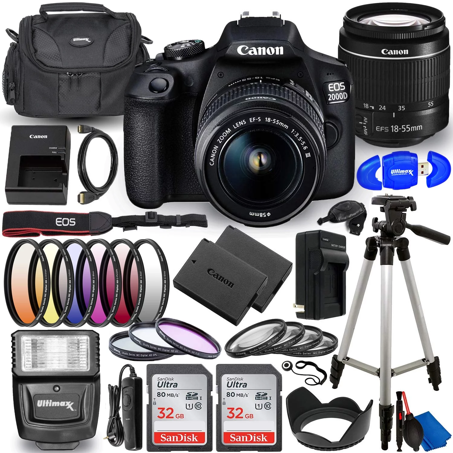 Canon EOS 2000D / Rebel T7 with 18-55mm III Lens - Top Value 64GB Bundle