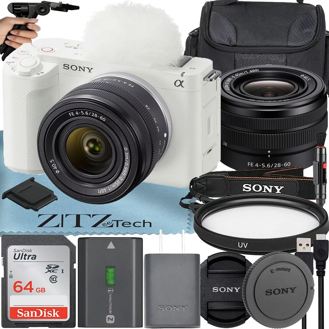 Sony ZV-E1 Mirrorless Camera (White) with FE 28-60mm Lens + SanDisk 64GB Card + Case + UV Filter + ZeeTech Accessory Bundle