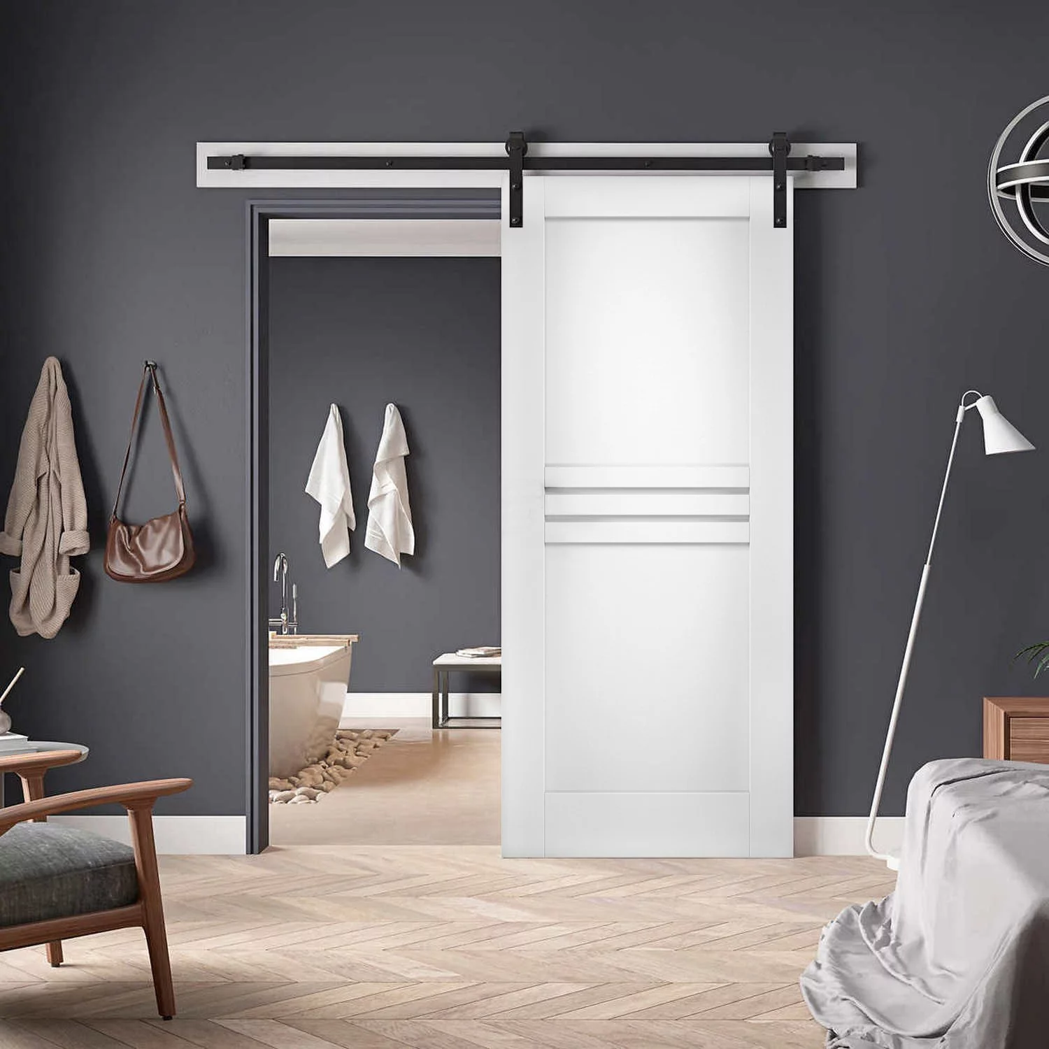 Modern Barn Door 42 x 84 inches / Mela 7444 White Silk / 8FT Rail Track Heavy Hardware Set / Solid Panel Interior Doors