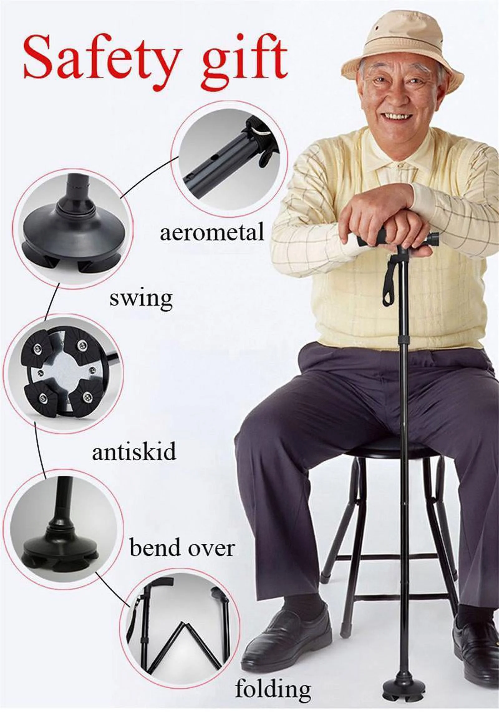 Folding Cane LED Light Elderly Safety Walking Stick with Adjustable Height and 4 Head Pivoting Black
