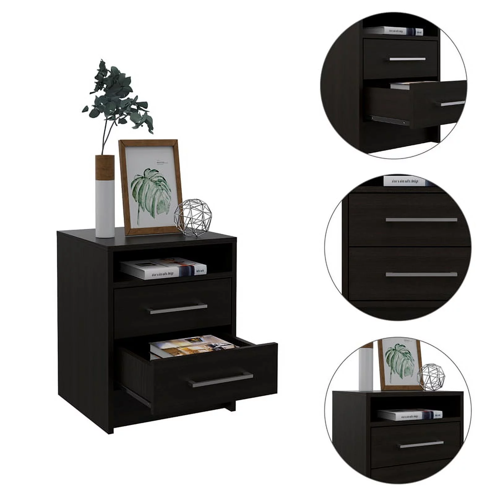 Home Square 2-Piece Set with Wood Nightstand and 4 Drawer Dresser in Black