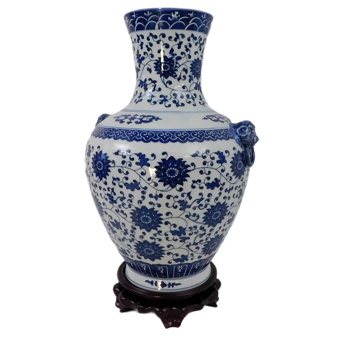 Blue and White Floral Vine Vase with Lion Handles - Oriental Furniture Warehouse