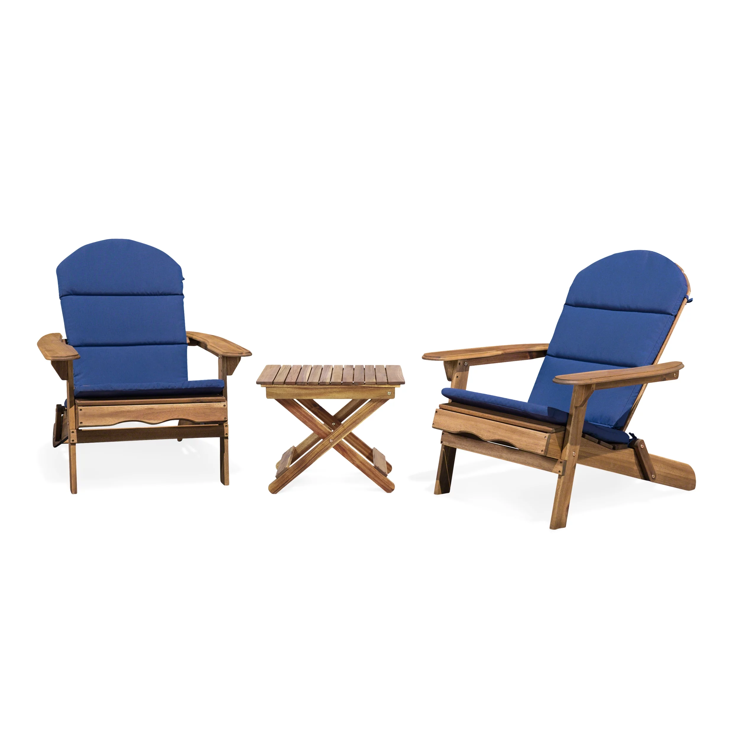GDF Studio Cartagena Outdoor Acacia Wood 3 Piece Adirondack Chat Set with Cushions, Navy Blue and Natural