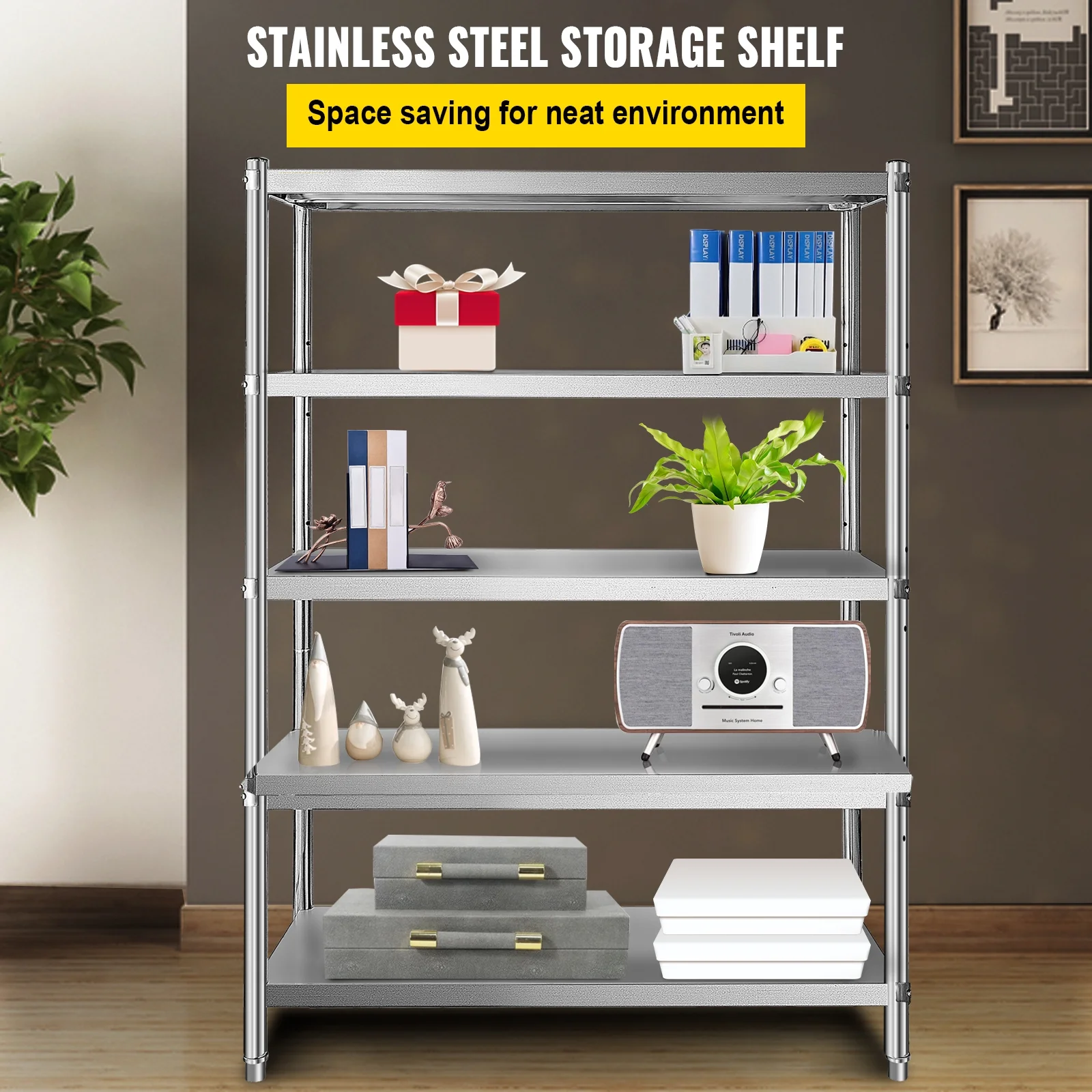 SKYSHALO  48x18.5 inch 5  Stainless Steel Shelving Tier  Unit Stainless Steel Heavy Duty Shelving Adjustable Shelf Storage for Kitchen Commercial Office Garage Storage 330lb per shelf