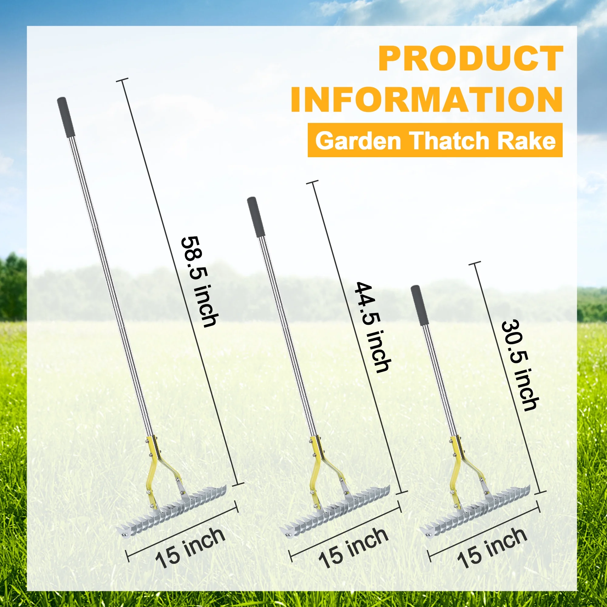 BARAYSTUS Thatch Rake, 15-inch Wide Lawn Thatching，Efficient Steel Metal Lawn Grass Rake With Stainless Steel Handle, 58.5-inch Length.