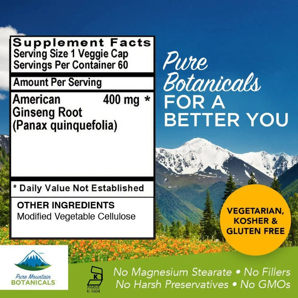American Ginseng Capsules – 60 Kosher Vegan Caps with 400mg Panax Quinquefolia Ginseng Root
