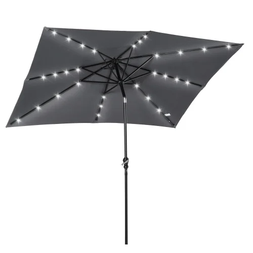 Buumin Outsunny 9' x 7' Solar Umbrella, LED Lighted Patio Umbrella for Table or Base with Tilt & Crank, Outdoor Umbrella for Garden, Deck, Backyard, Pool, Beach, Dark Gray