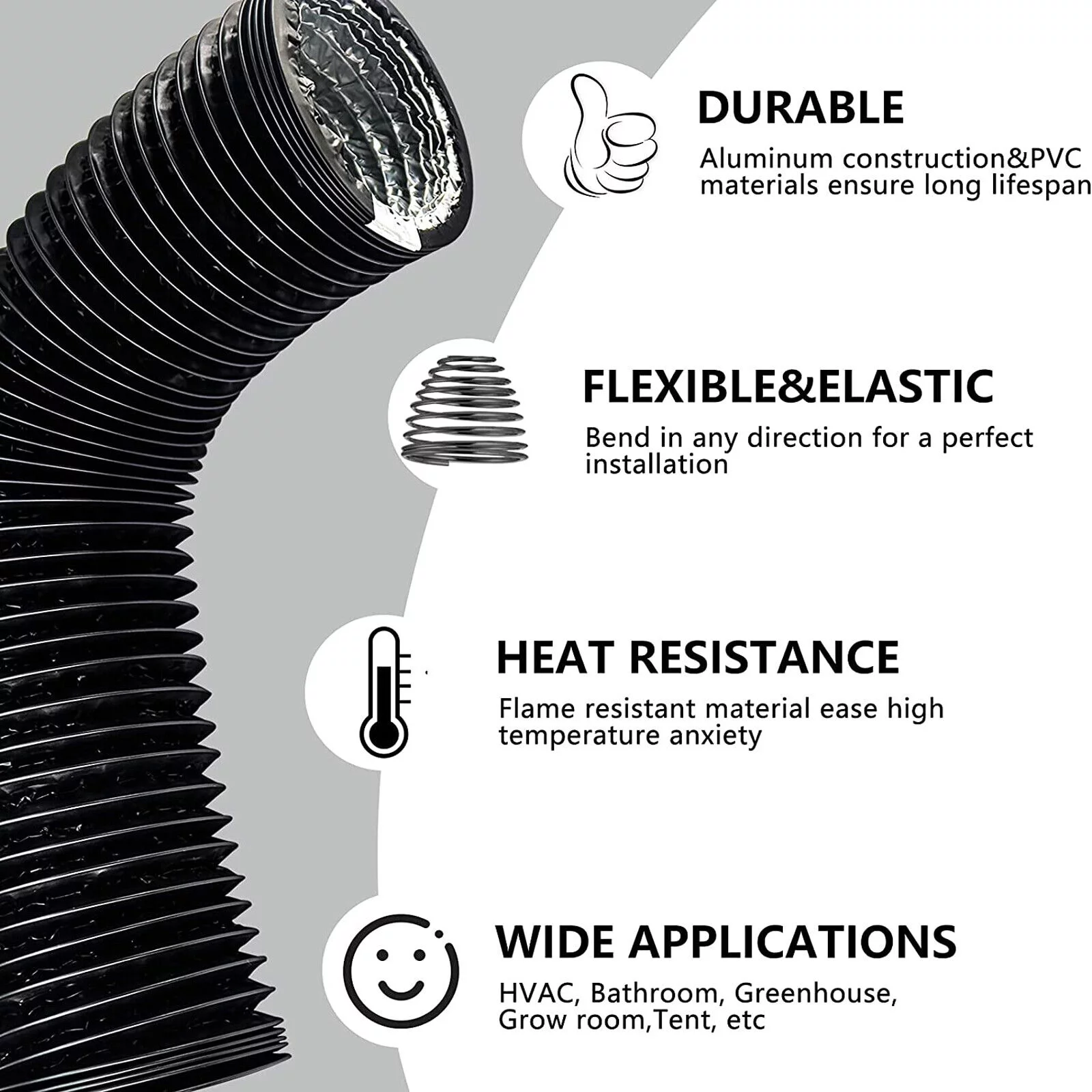 WSYW 6inchx10ft Aluminum Ducting Dryer Vent Hose for HVAC Ventilation with 2 Clamps Black