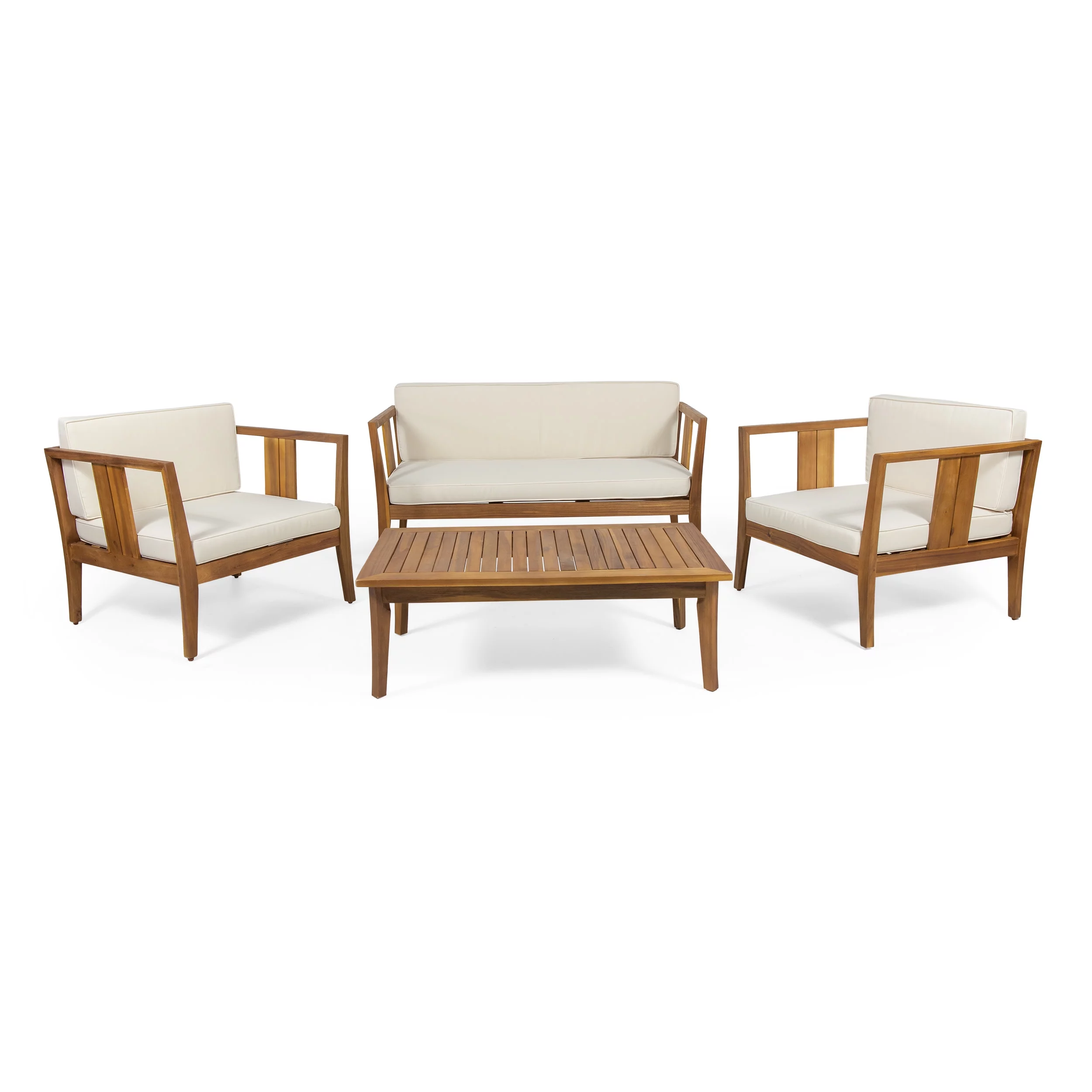 GDF Studio Saman Outdoor 4 Seater Acacia Wood Chat Set with Cushions, Teak and Beige