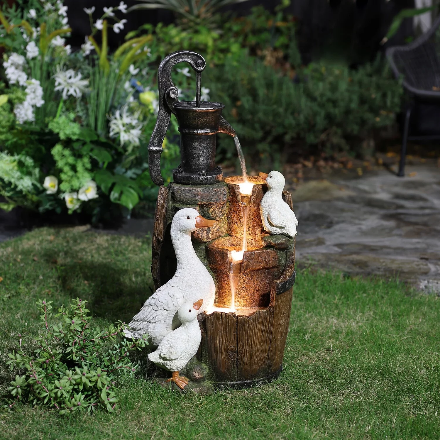 LuxenHome Farmhouse Pump and Duck Family Resin Outdoor Fountain with LED Lights