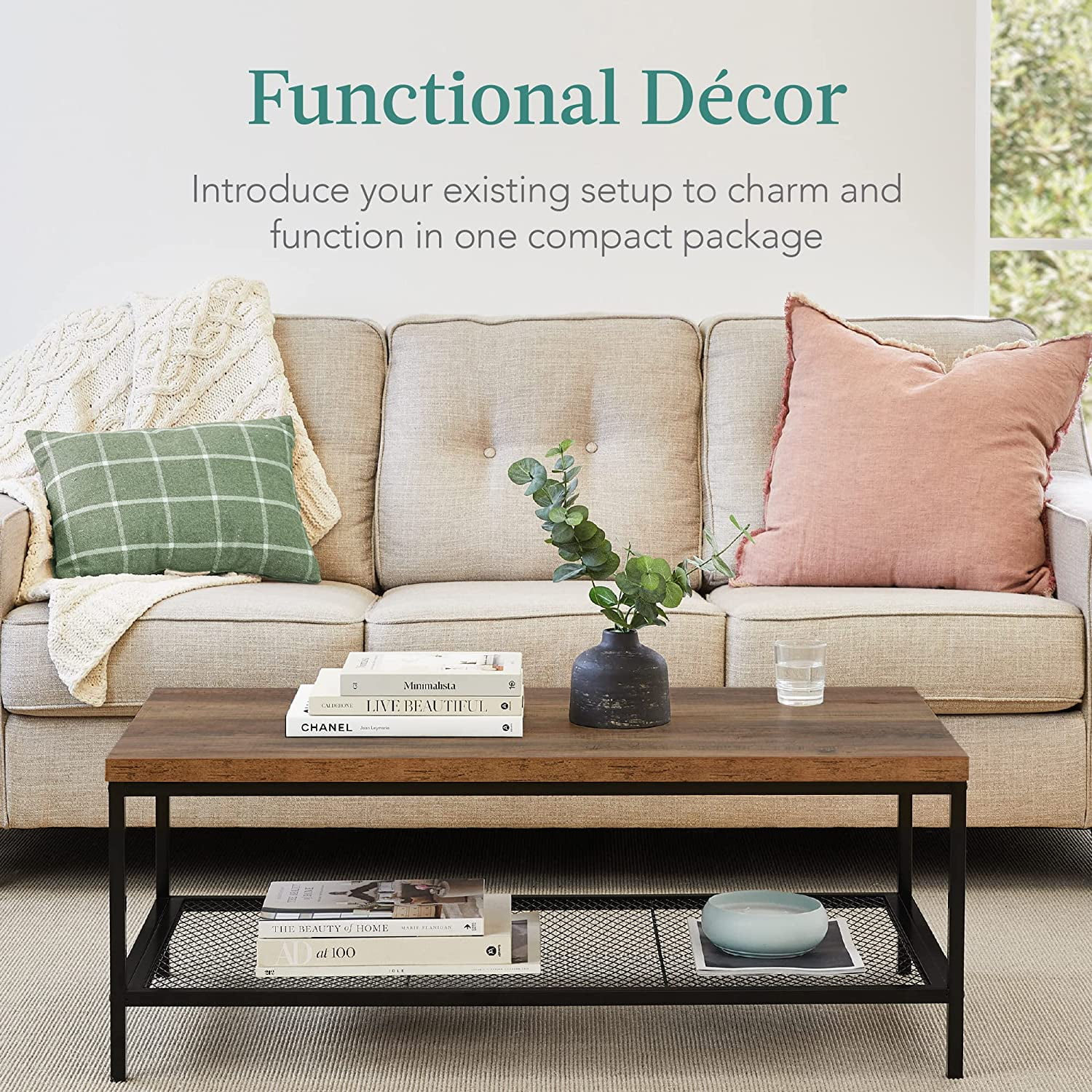 44in Modern Coffee Table, Large 2-Tier Industrial Rectangular Wood Grain Top Coffee Table, Accent Furniture for Living Room w/Mesh Shelf, Metal Frame - Brown