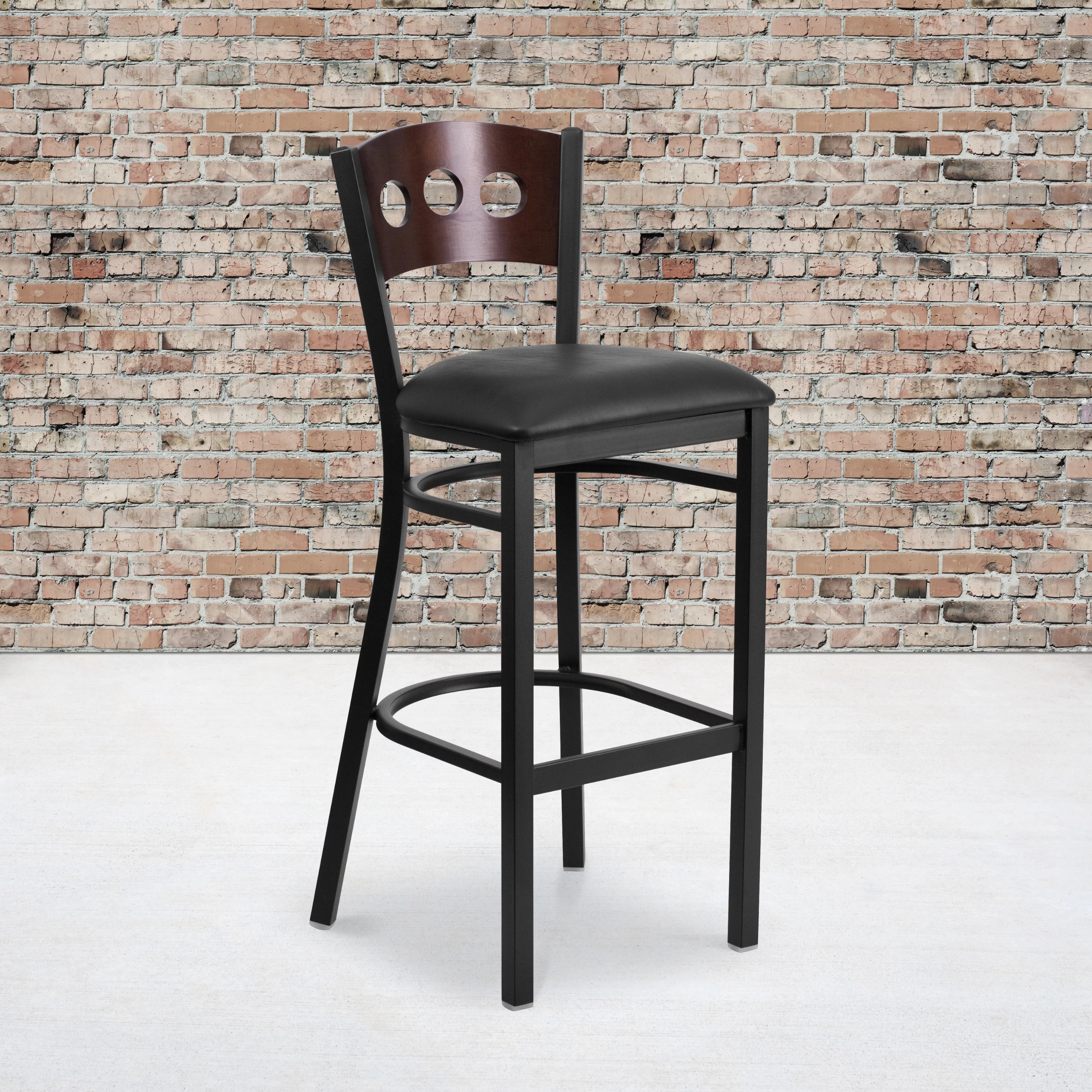 Flash Furniture 2 Pk. HERCULES Series Black 3 Circle Back Metal Restaurant Barstool - Walnut Wood Back, Black Vinyl Seat