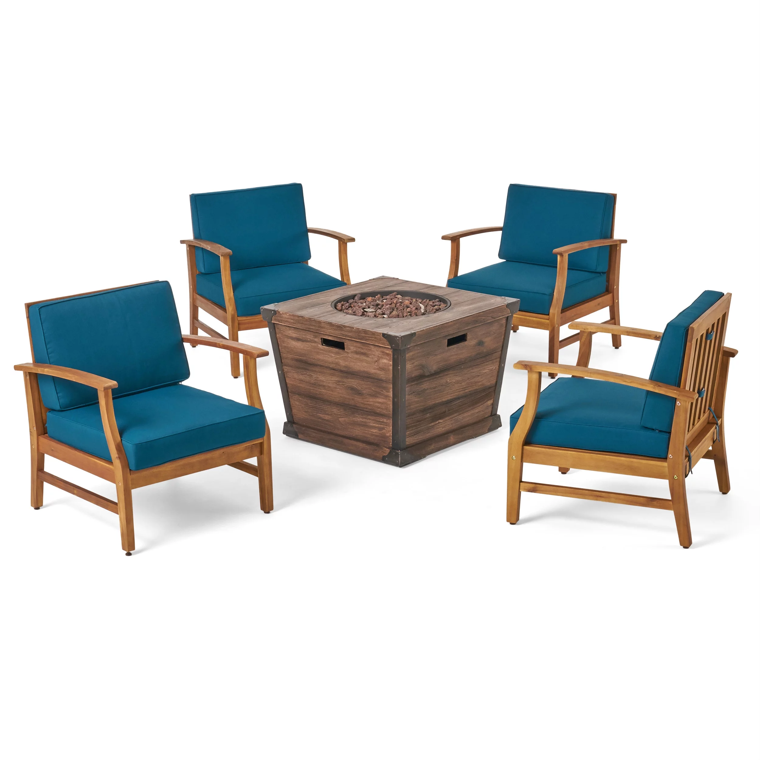 GDF Studio Belle Outdoor 4 Seater Teak Acacia Wood Chat Set with Fire Pit
