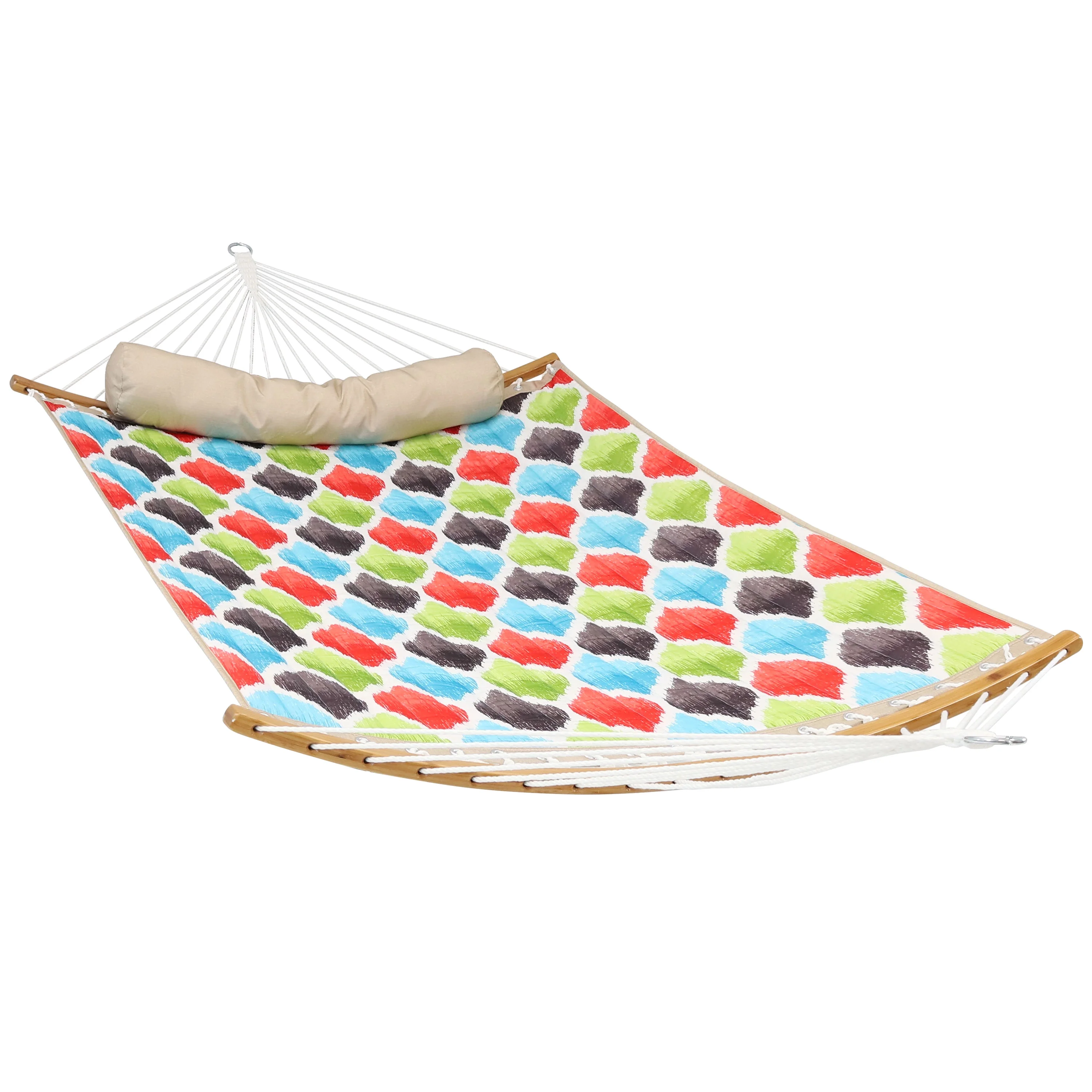 Sunnydaze Quilted Hammock with Curved Bamboo Spreader Bar and Pillow - Vivd Multicolor Quatrefoil