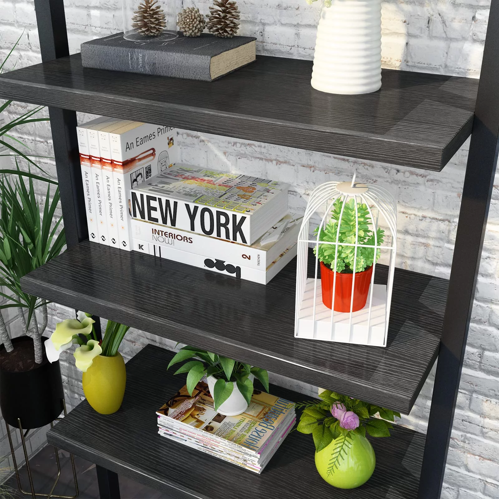 AWQM 5 Tier Ladder Shelf,Industrial Wall-Mounted Bookcase with Metal Frame, Plant Flower Stand Display Storage Organizer Shelves,Open Bookshelf for Home Office,Black+Black