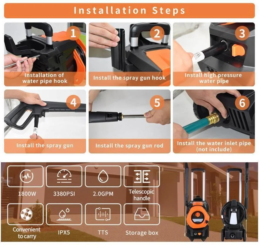 Electric High Pressure Washer 3380PSI 2GPM Power Washer with Telescopic Handle USA