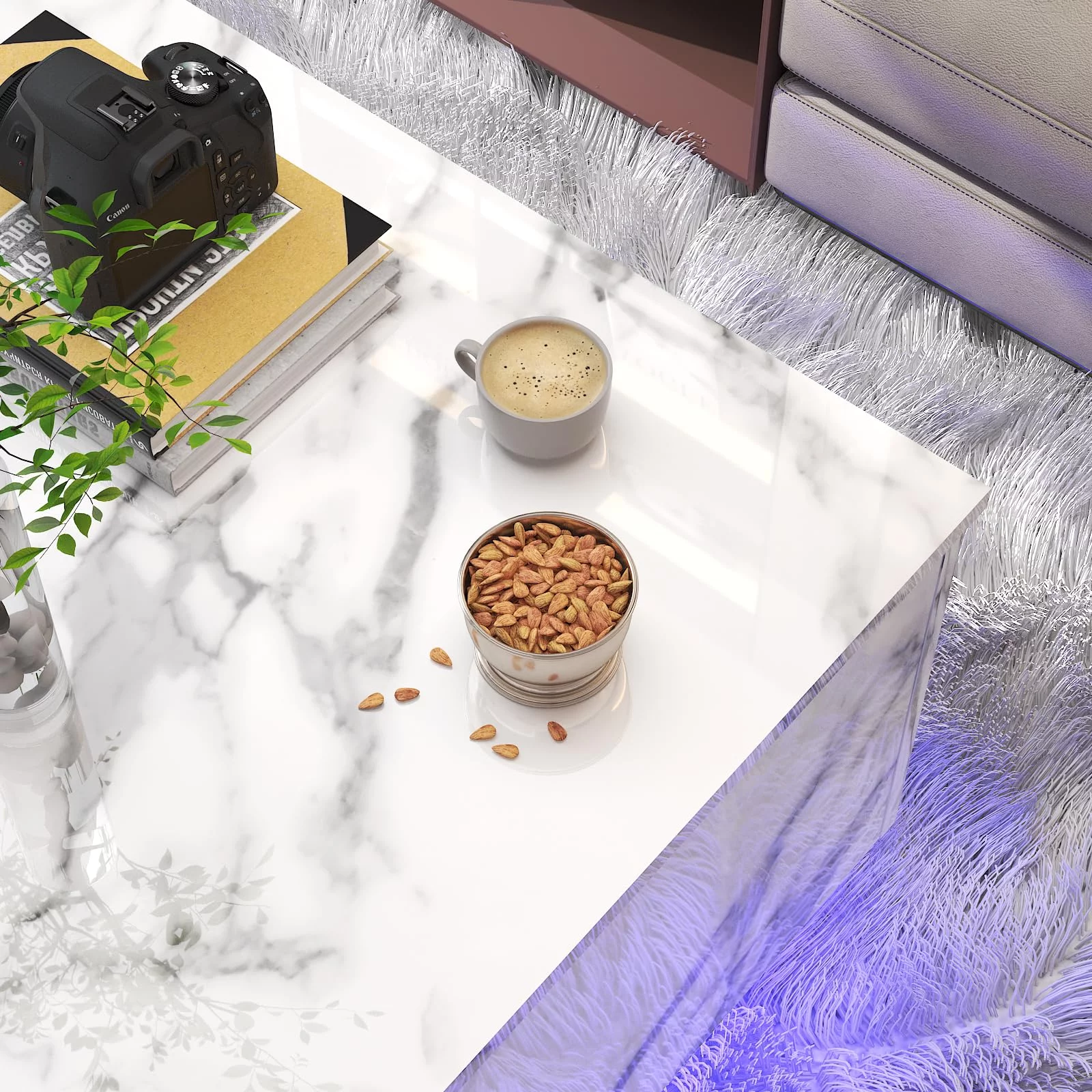 ChVans LED Lift Top Coffee Table with Storage, High Gloss Rectangle Center Tea Table Desk White Hidden Storage Rising Dining Tables for Living Room, White Marble