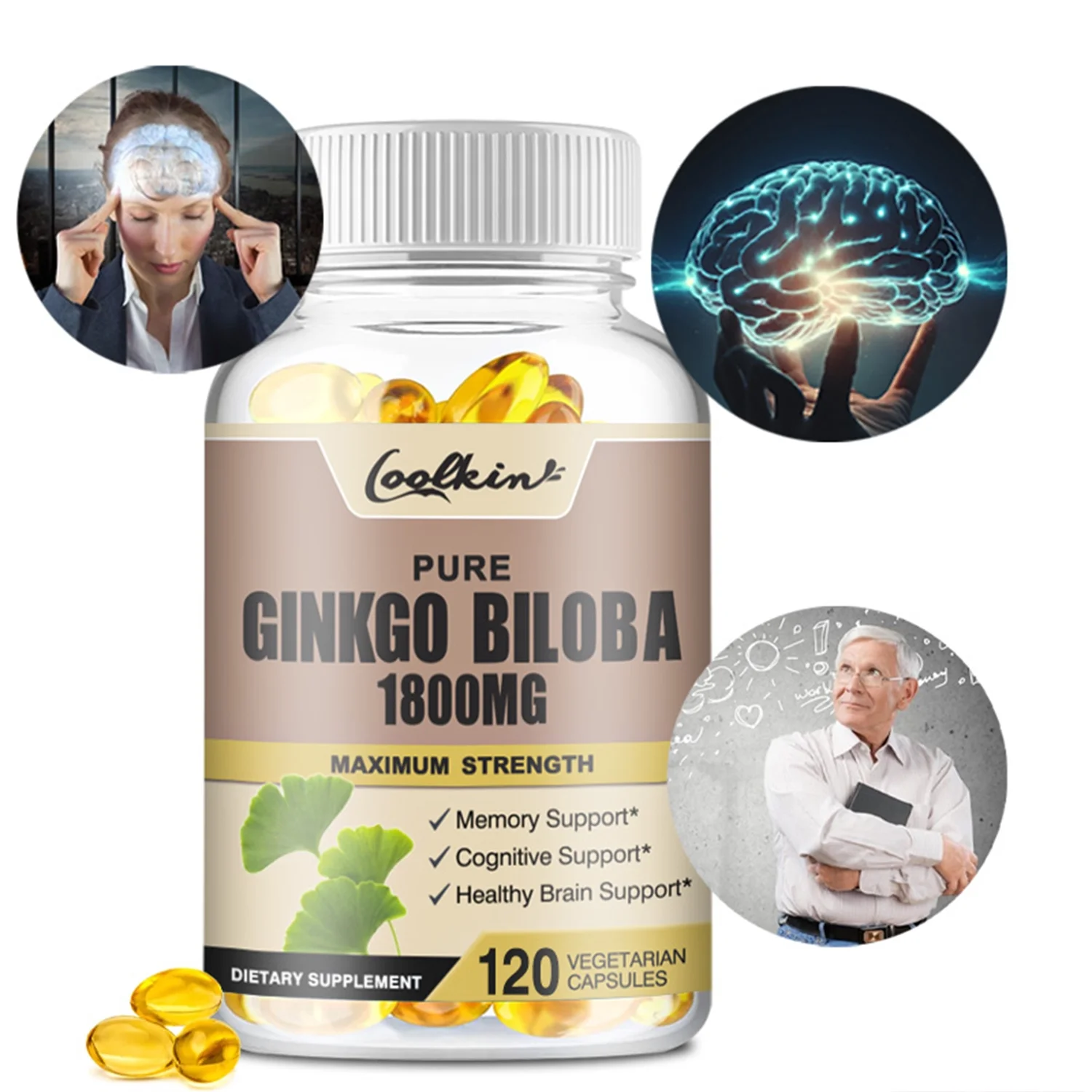 Coolkin Ginkgo Biloba Capsules 1800mg - Improve Memory, Enhance Cognitive Function 60pcs(1/3/5 Pack)