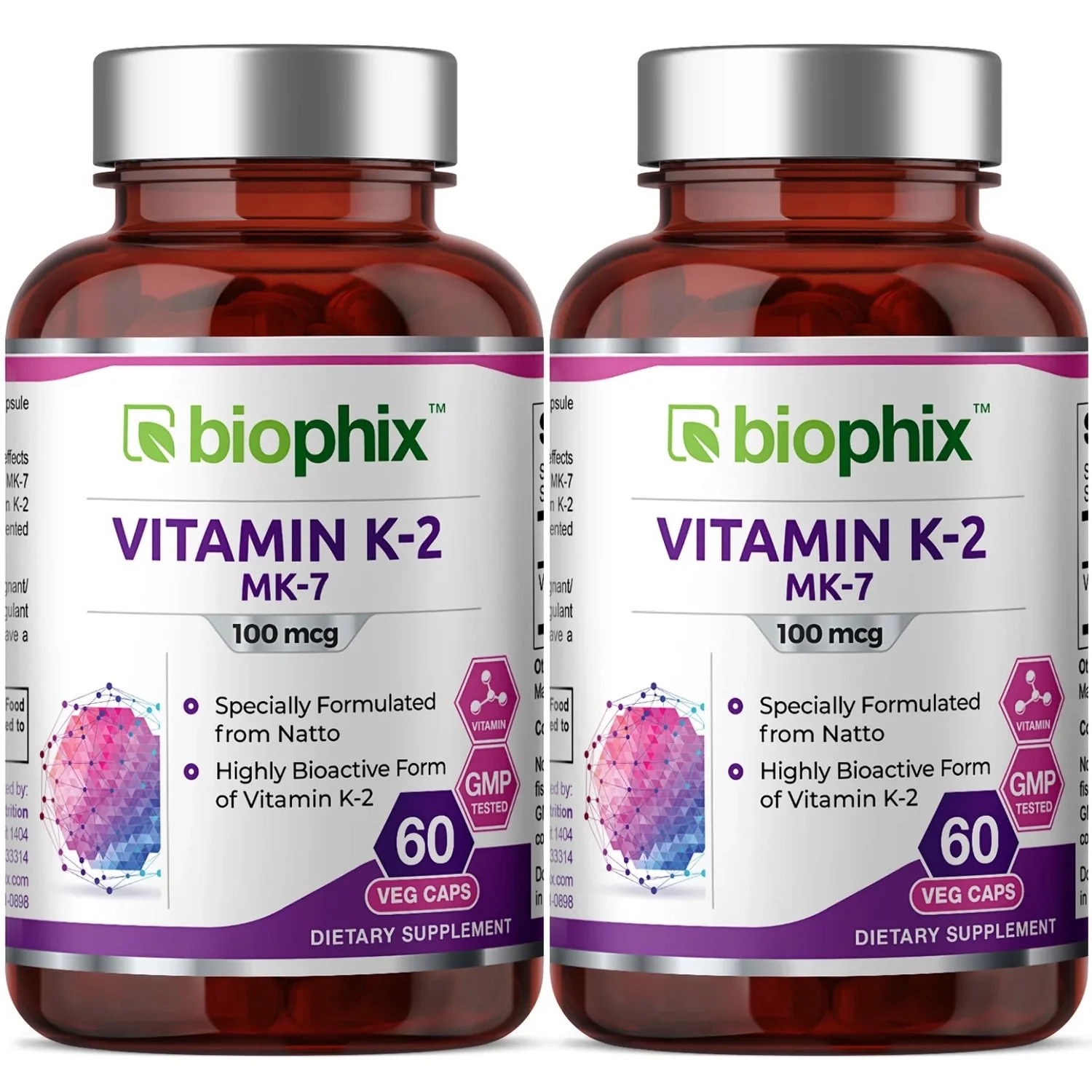 Vitamin K-2 MK-7 High-Potency 100 mcg 60 Vegetarian Capsules - 2 Pack